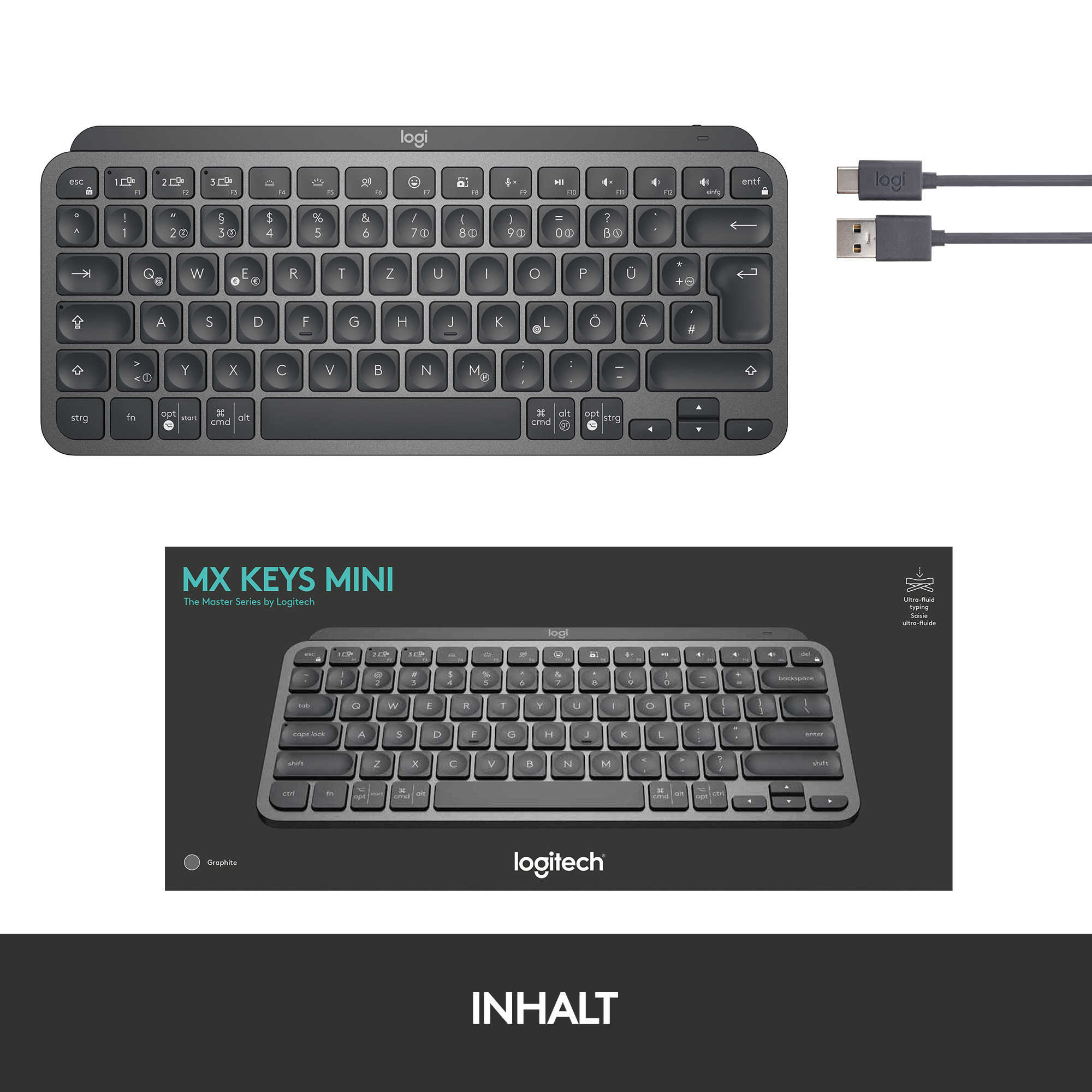 Graue Tastatur mit Tasten, ein USB-Kabel und eine Box mit dem Tastaturbild.