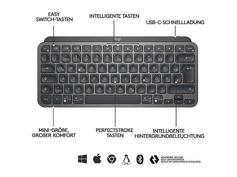 LOGITECH MX Keys Mini Kabellose Tastatur ohne Ziffernblock TKL, Tastenbeleuchtung, DEU (Qwertz), Grafit — Foto 5 von 5