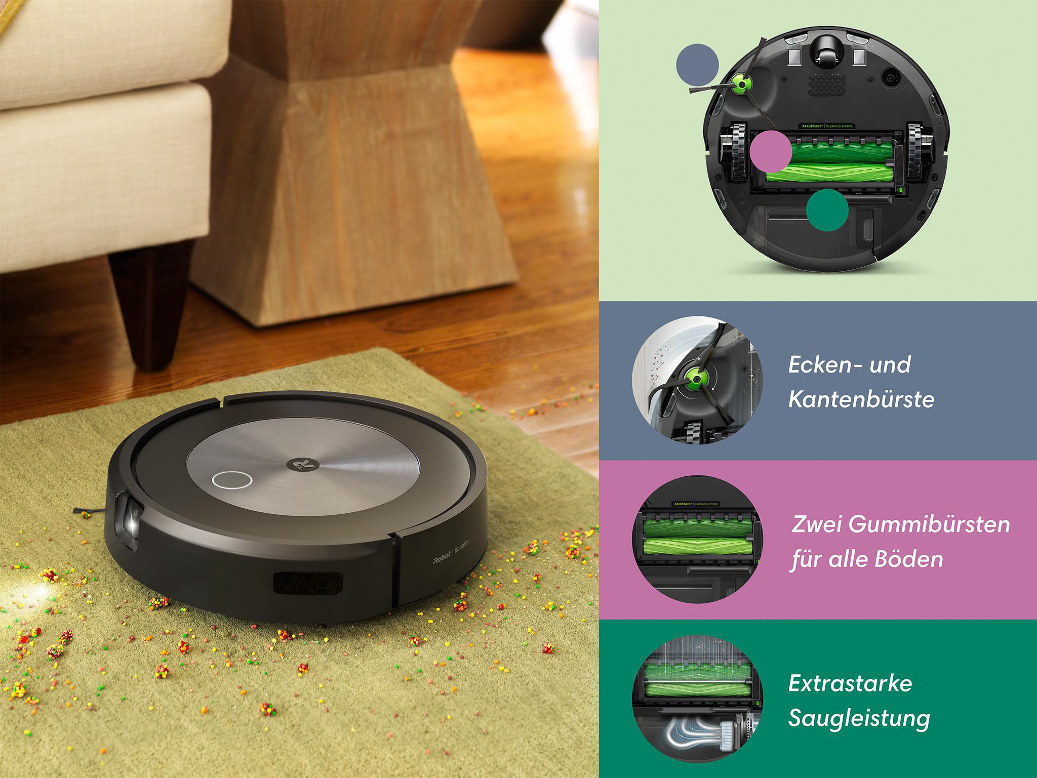 Roboter-Staubsauger auf einem grünen Teppich. Nahaufnahme der Teile mit Text. Weißer Hintergrund.