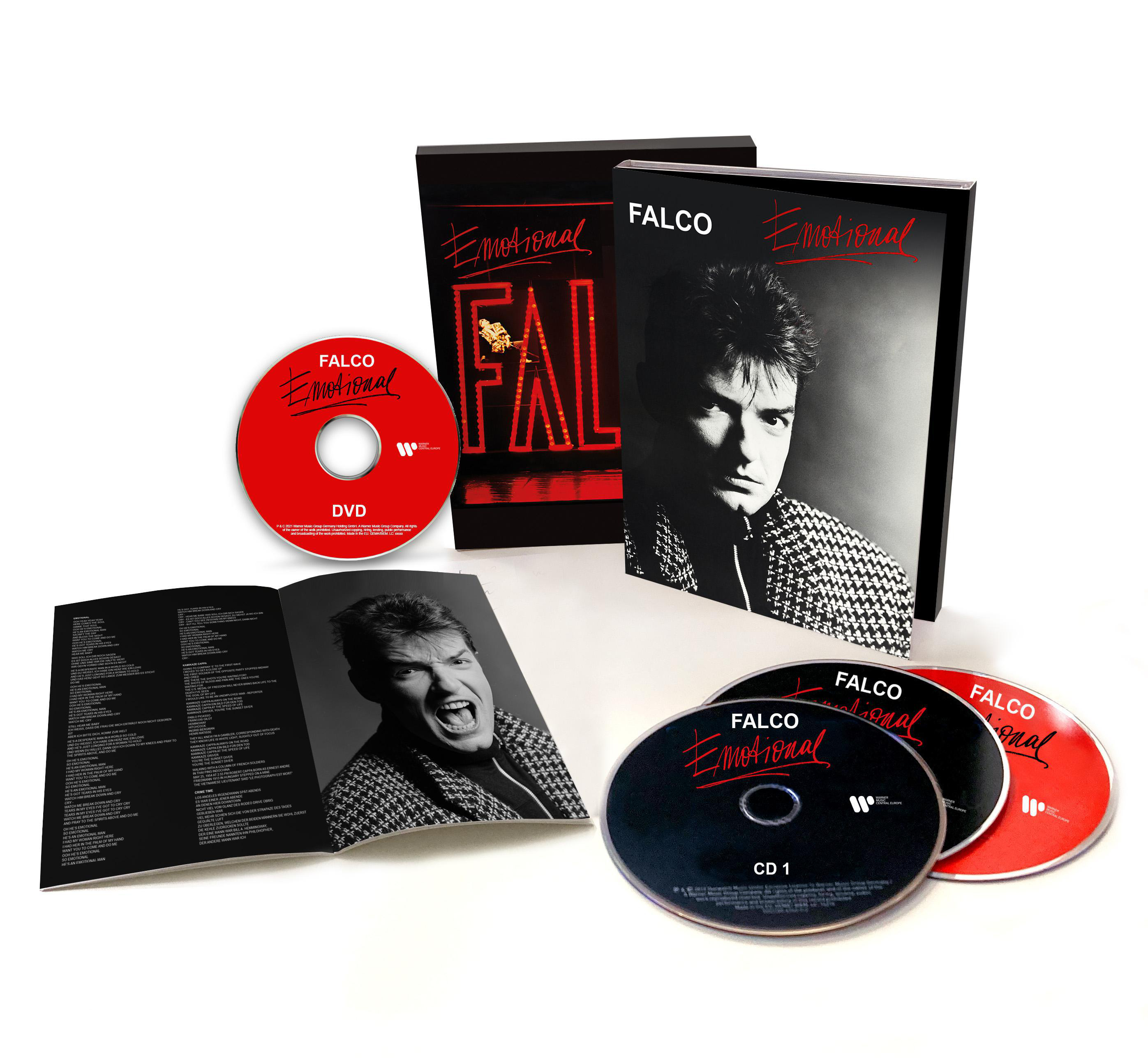 Falcos 'Emotional' Album-Paket, einschließlich CDs, DVD und Booklet.