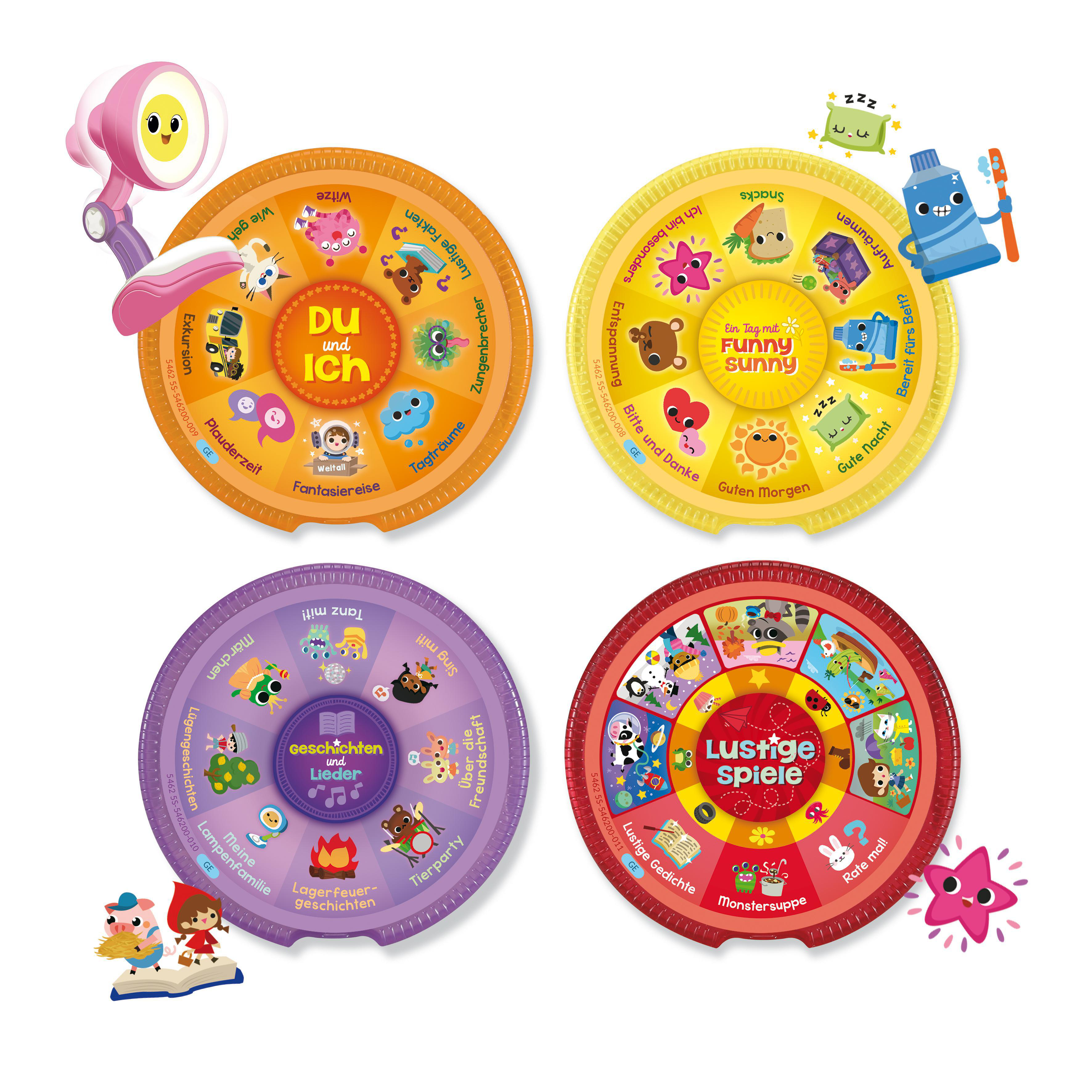 Vier pädagogische Spielzeugräder mit bunten Cartoon-Illustrationen und Text.