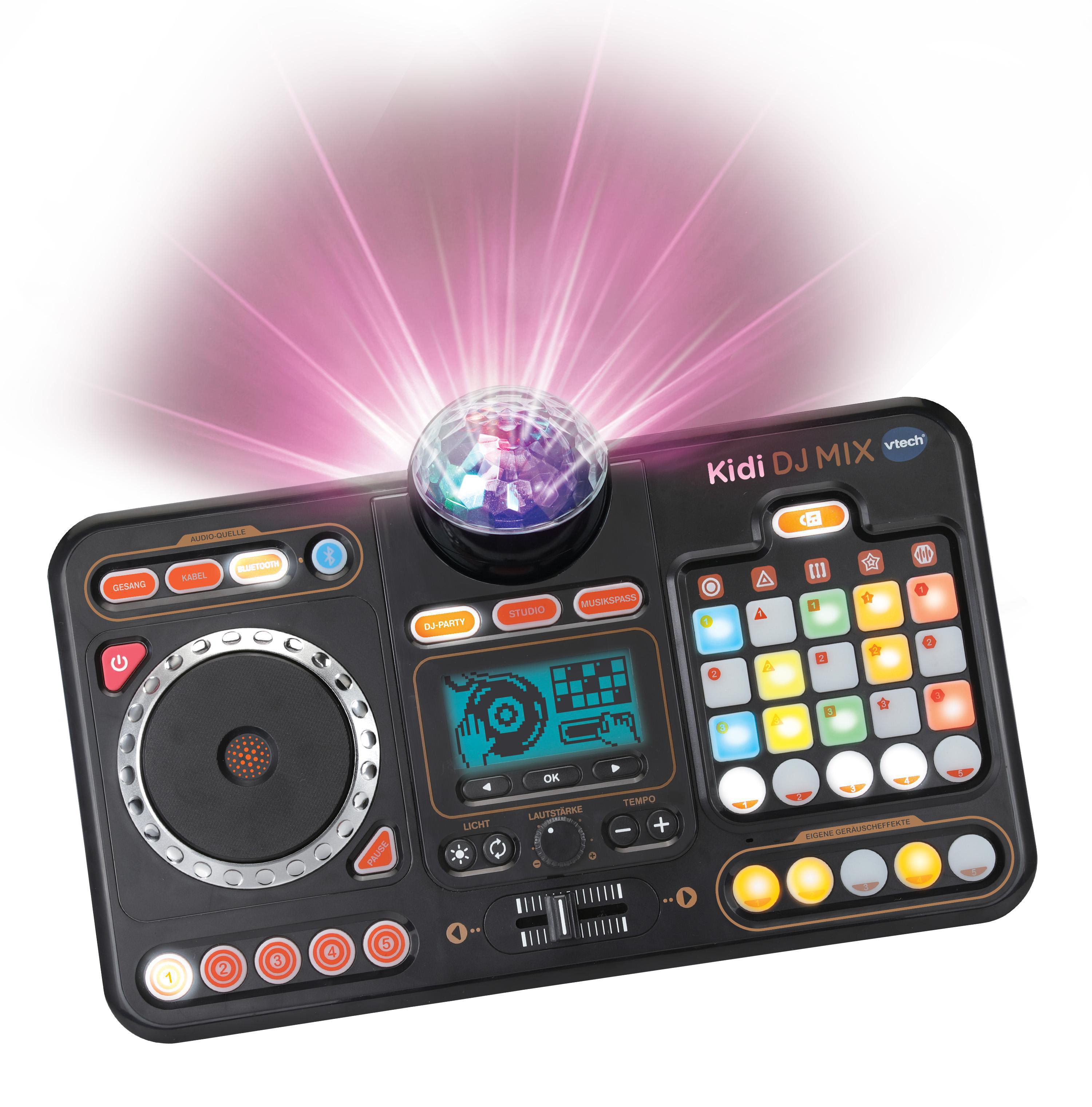 Kidi DJ MIX Spielzeug. Schwarz mit bunten Knöpfen und einer leuchtenden Discokugel.