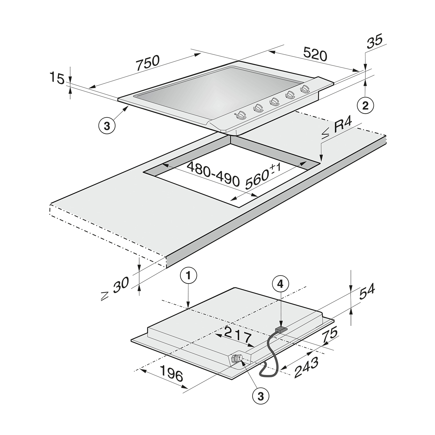 Diagramma di un piano cottura a incasso con dimensioni. Mostra il piano cottura e il ritaglio necessario.
