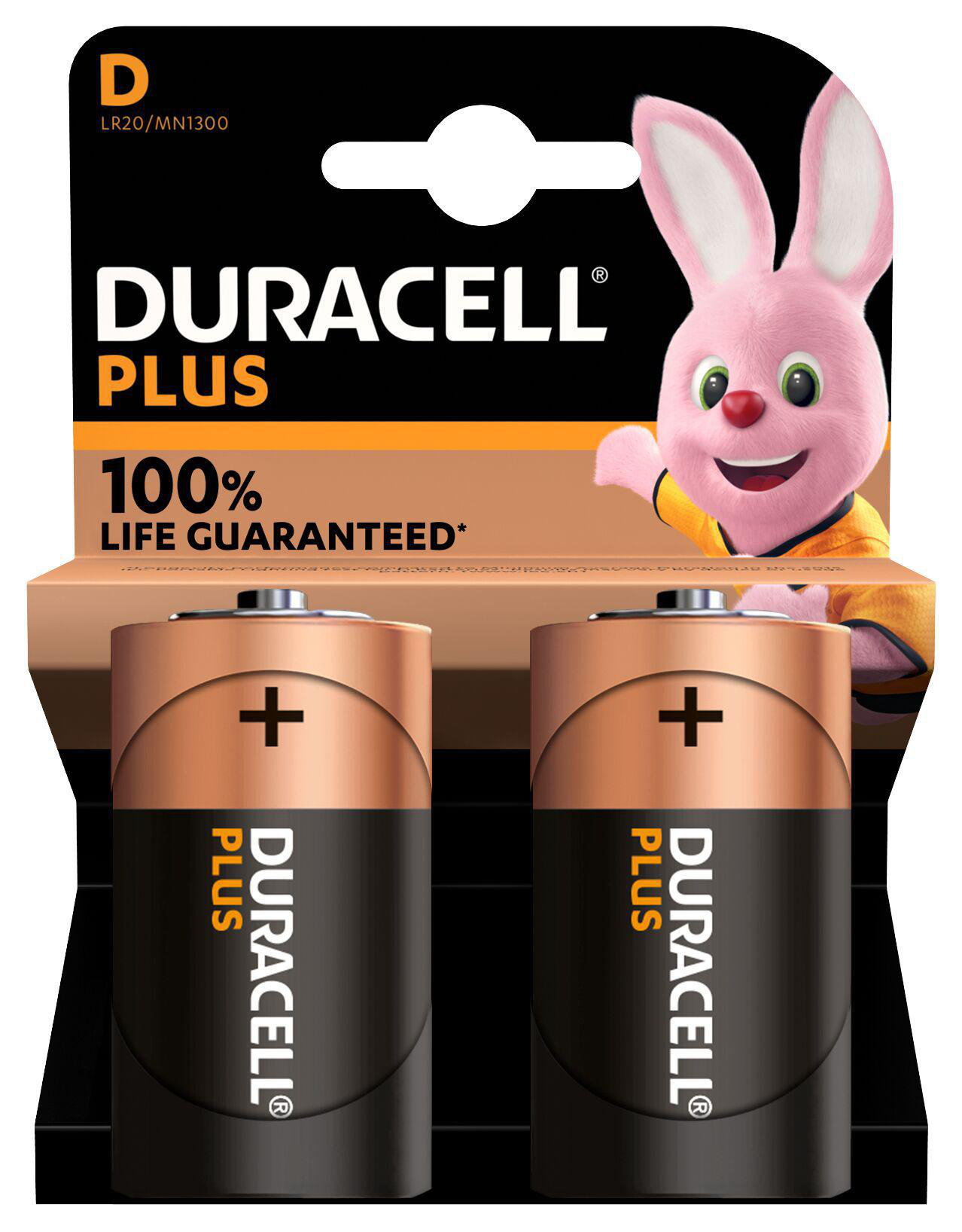 Zwei Duracell Plus D Batterien mit einem Hasen-Grafik auf der Verpackung.