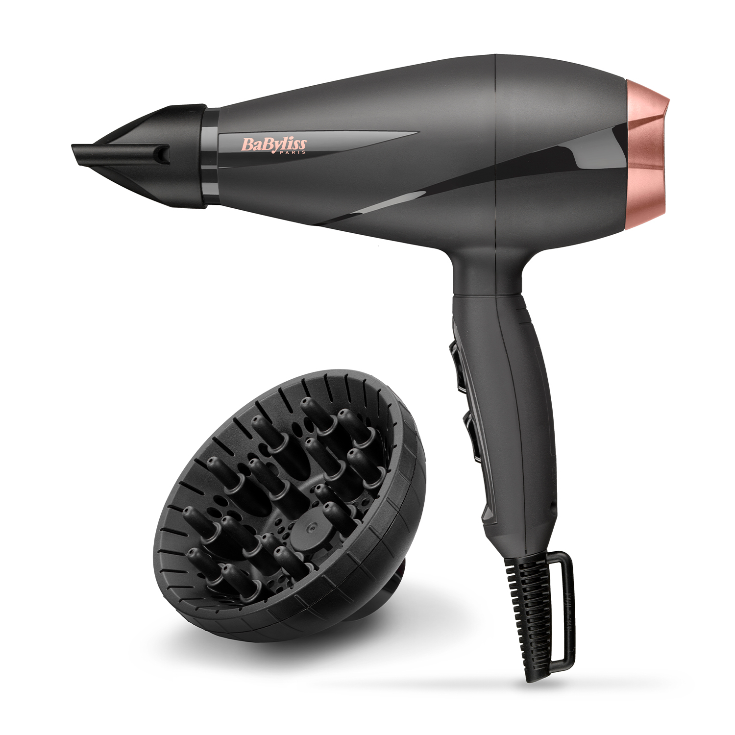 Un asciugacapelli nero e oro rosa con diffusore, su sfondo bianco.