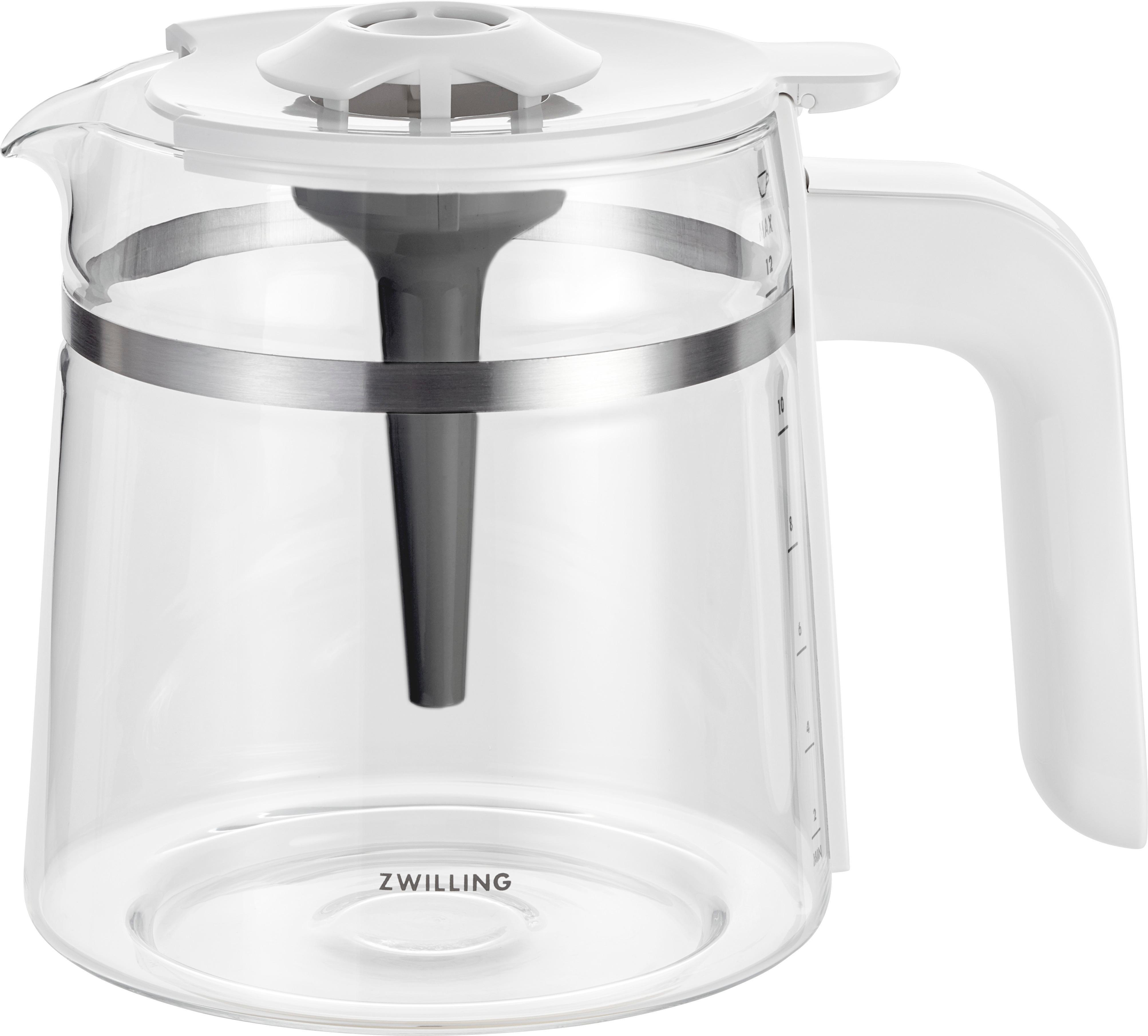 Ein klarer Wasserkrug mit weißem Griff und Deckel. ZWILLING Logo.