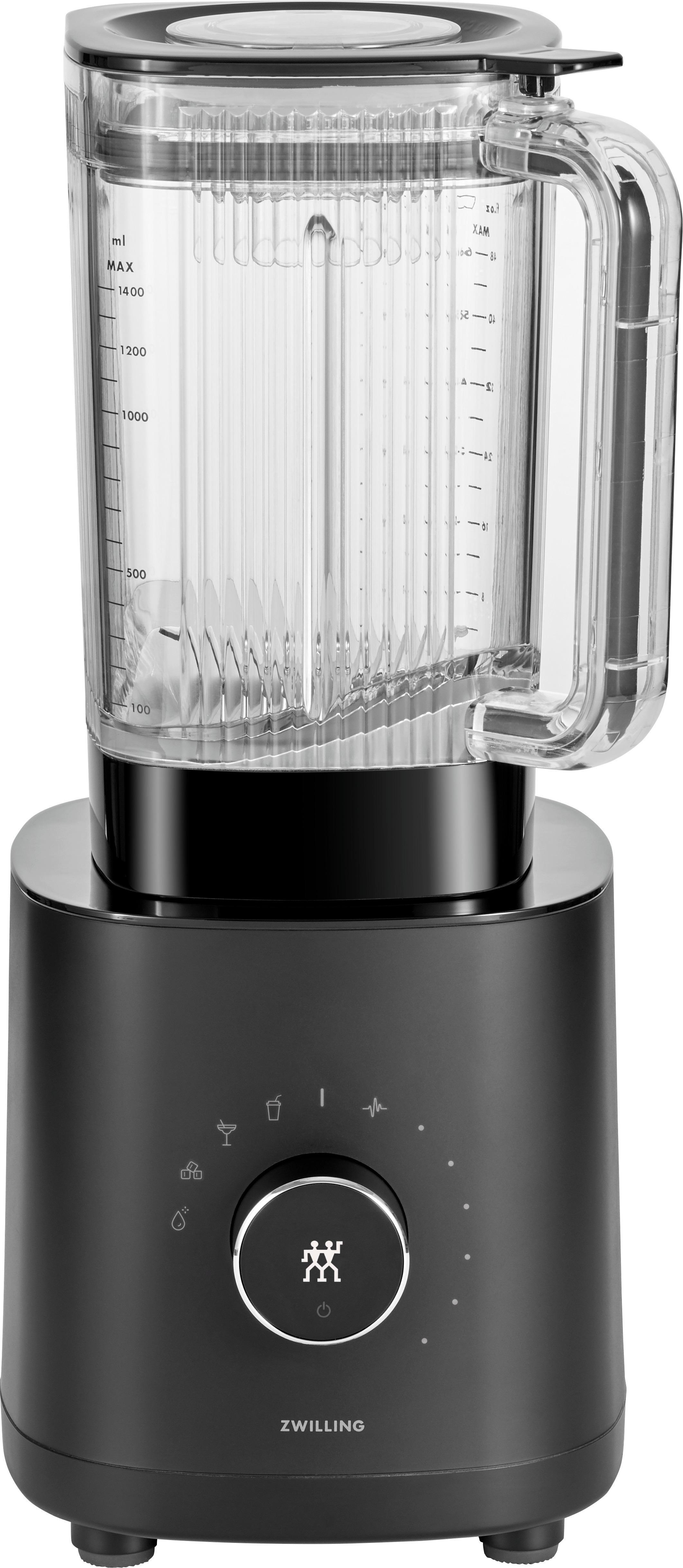 Schwarzer Mixer mit einem transparenten Behälter. Er hat einen schwarzen Sockel und ein Zifferblatt mit Symbolen.