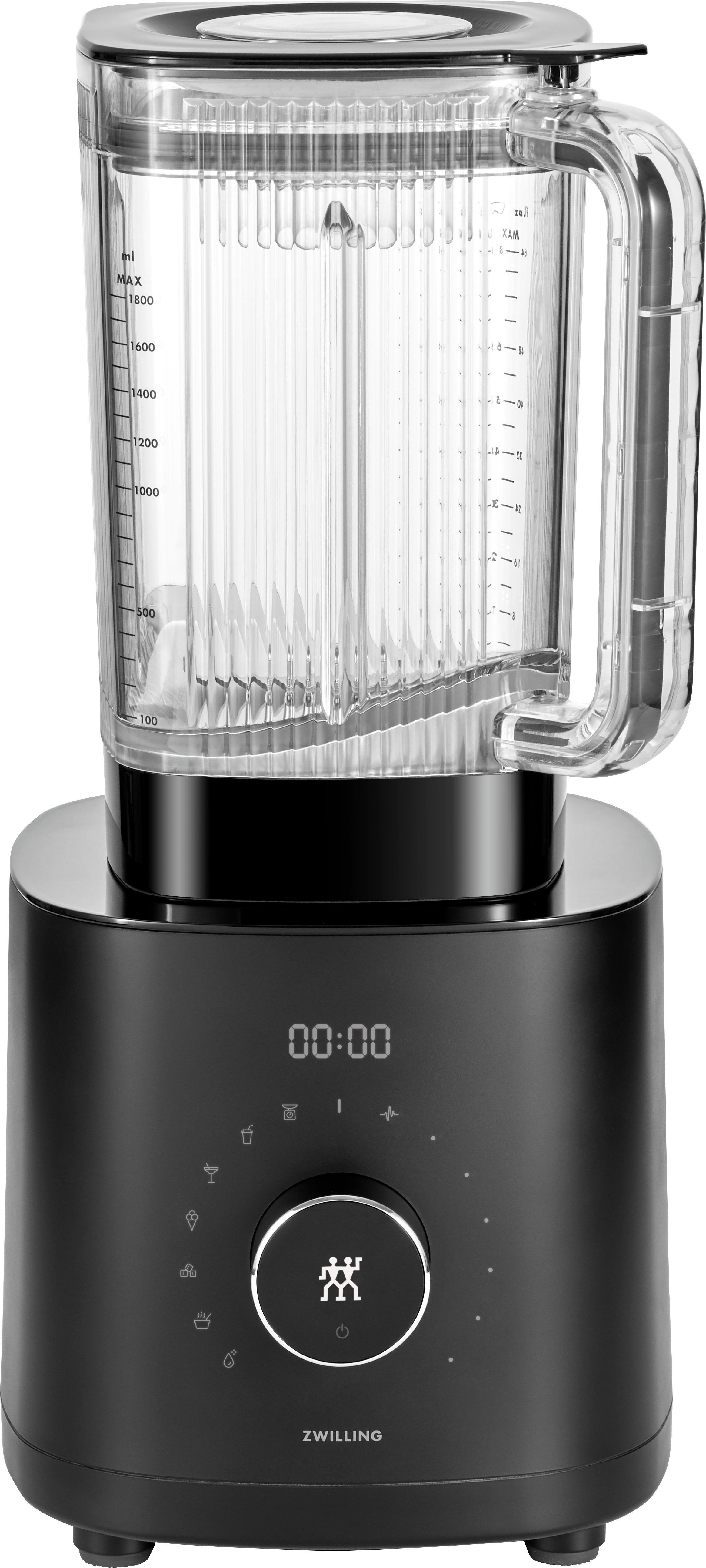 Schwarzer Zwilling-Mixer mit Glasbehälter. Digitalanzeige und Drehregler.