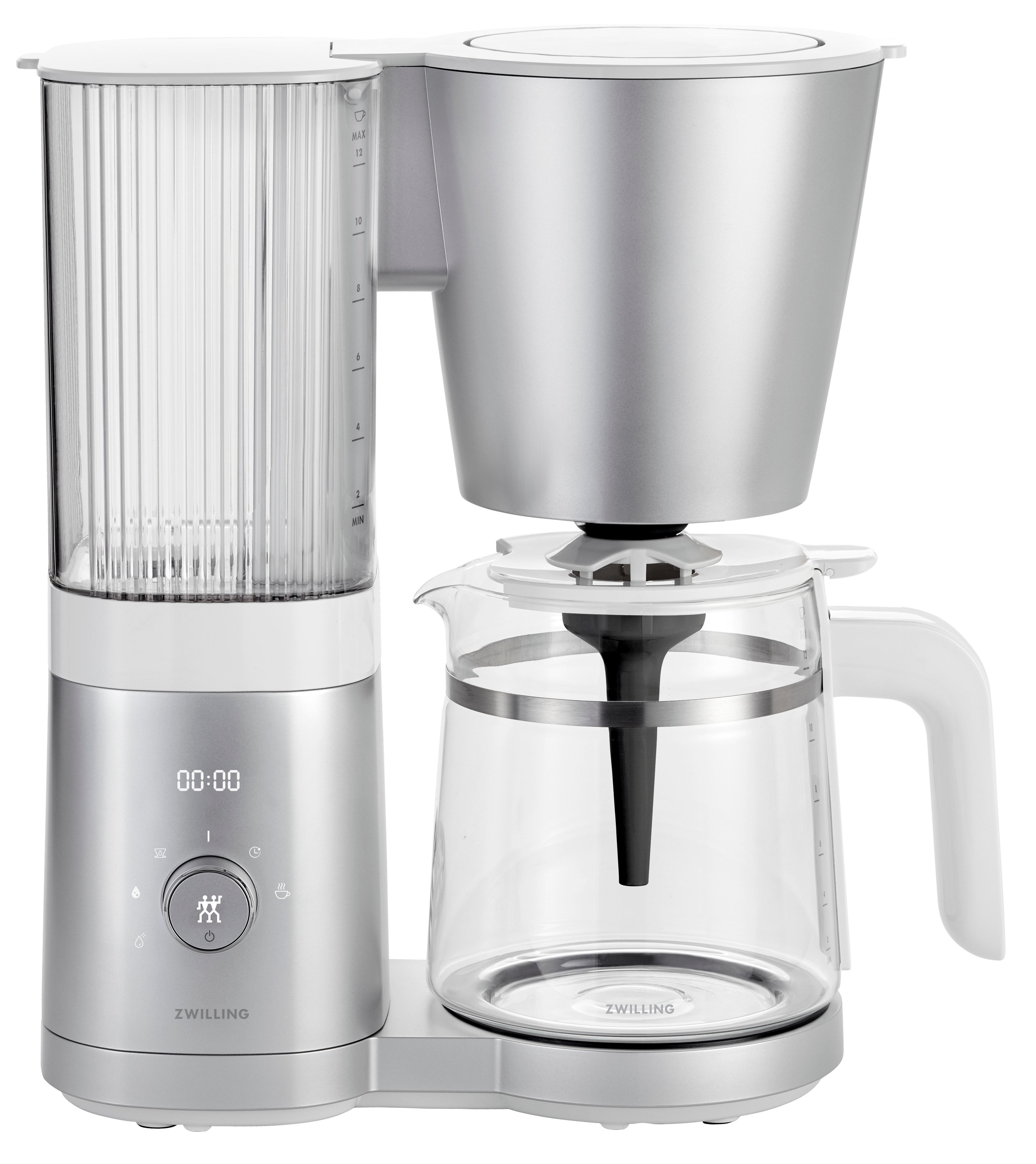 Eine silberfarbene Zwilling Kaffeemaschine mit Glaskaraffe und Digitalanzeige.
