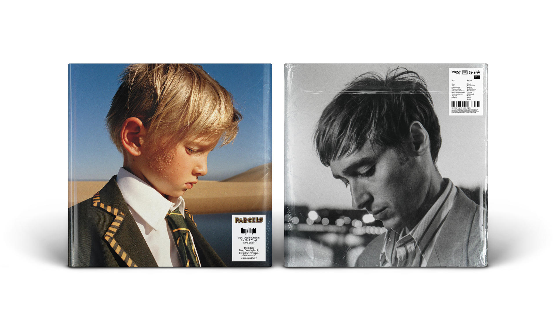 Zwei Albumcover nebeneinander. Eines mit einem Jungen, das andere mit einem Mann.
