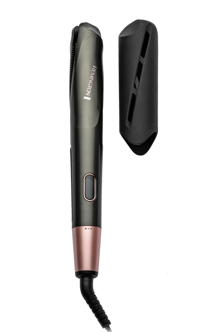 Ein Haarglätter mit schwarzem Gehäuse und roségoldfarbenem Griff.