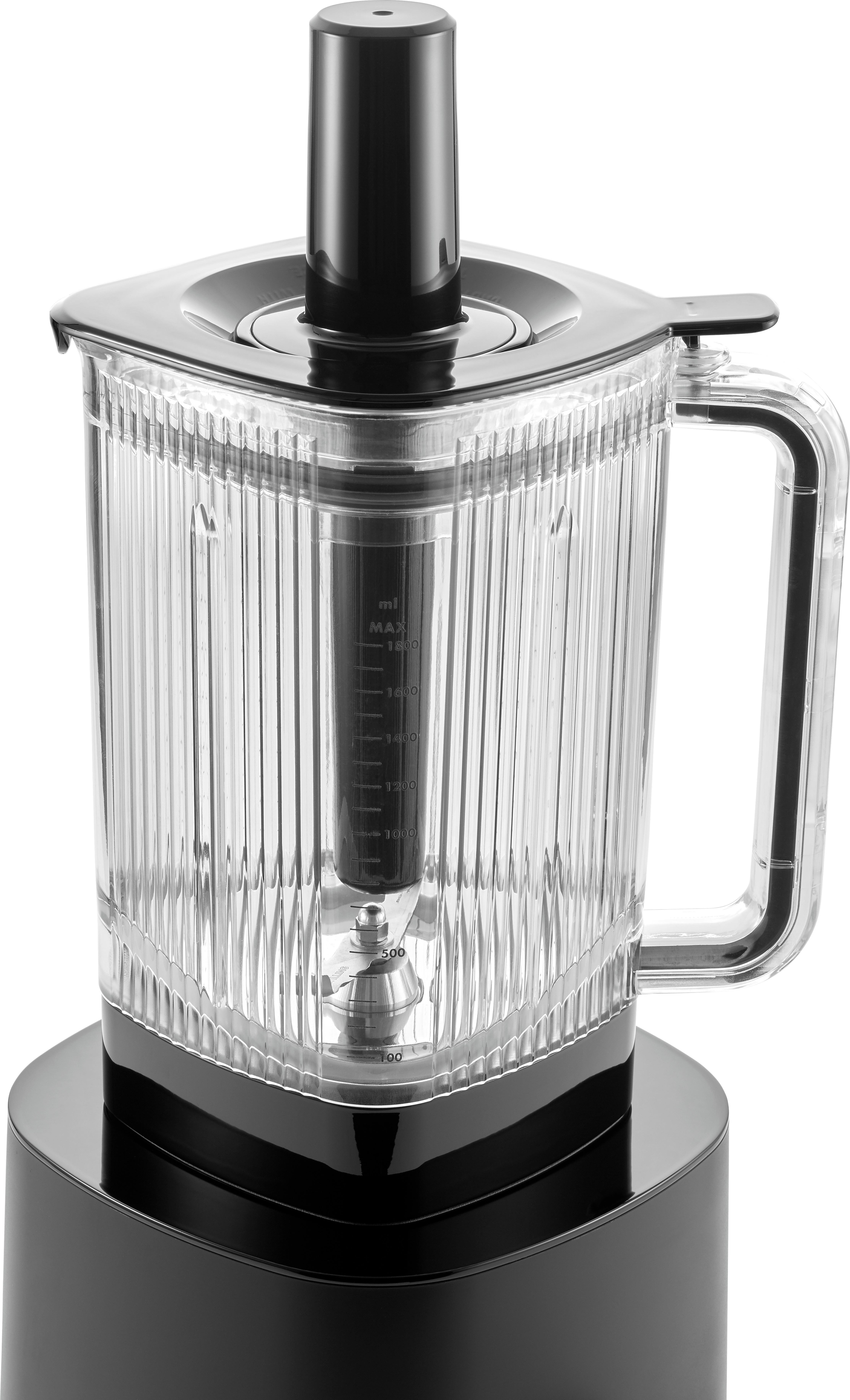 Schwarzer und transparenter Mixer mit schwarzem Sockel, transparentem Behälter und schwarzem Deckel.