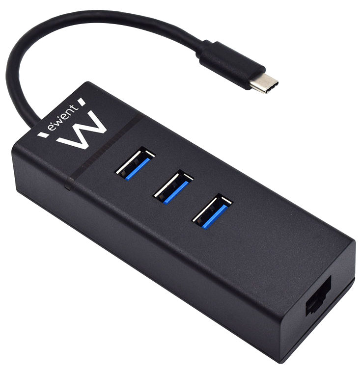 Fekete USB hub 3 kék USB porttal és fekete kábellel. Fekete háttér.