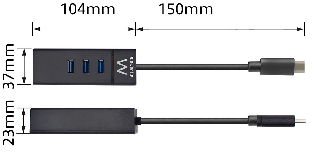 Egy fekete USB hub három USB porttal, milliméterben megadott méretekkel.