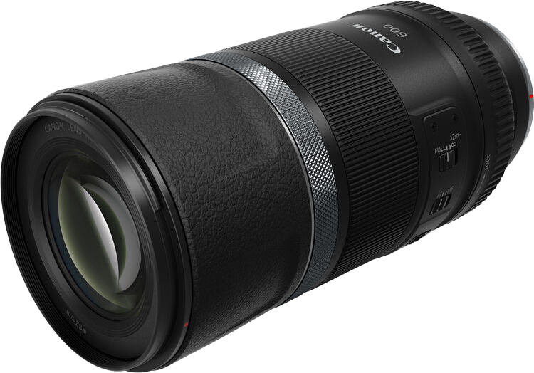 Egy fekete Canon 600mm-es objektív szürke markolatgyűrűvel és vezérlőkkel.