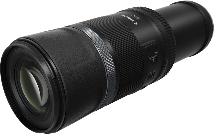 Fekete Canon 600mm-es objektív, 600-as jelzéssel és különféle vezérlőgombokkal.