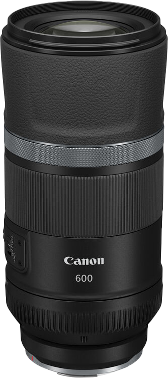 Egy hosszú fekete Canon objektív ezüst részletekkel. Az objektíven egy Canon 600 felirat látható.