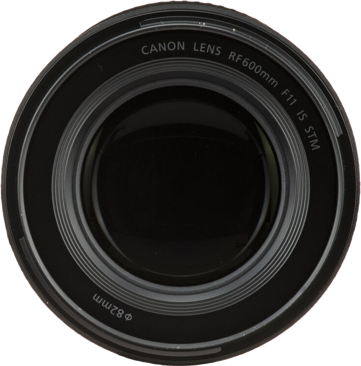 Canon objektív modell információval: RF600mm F11 IS STM. Fekete, objektív részletekkel.