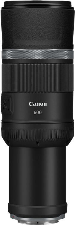 Egy fekete Canon 600mm-es objektív. Van rajta egy gyűrű a beállításokhoz és egy Canon logó.