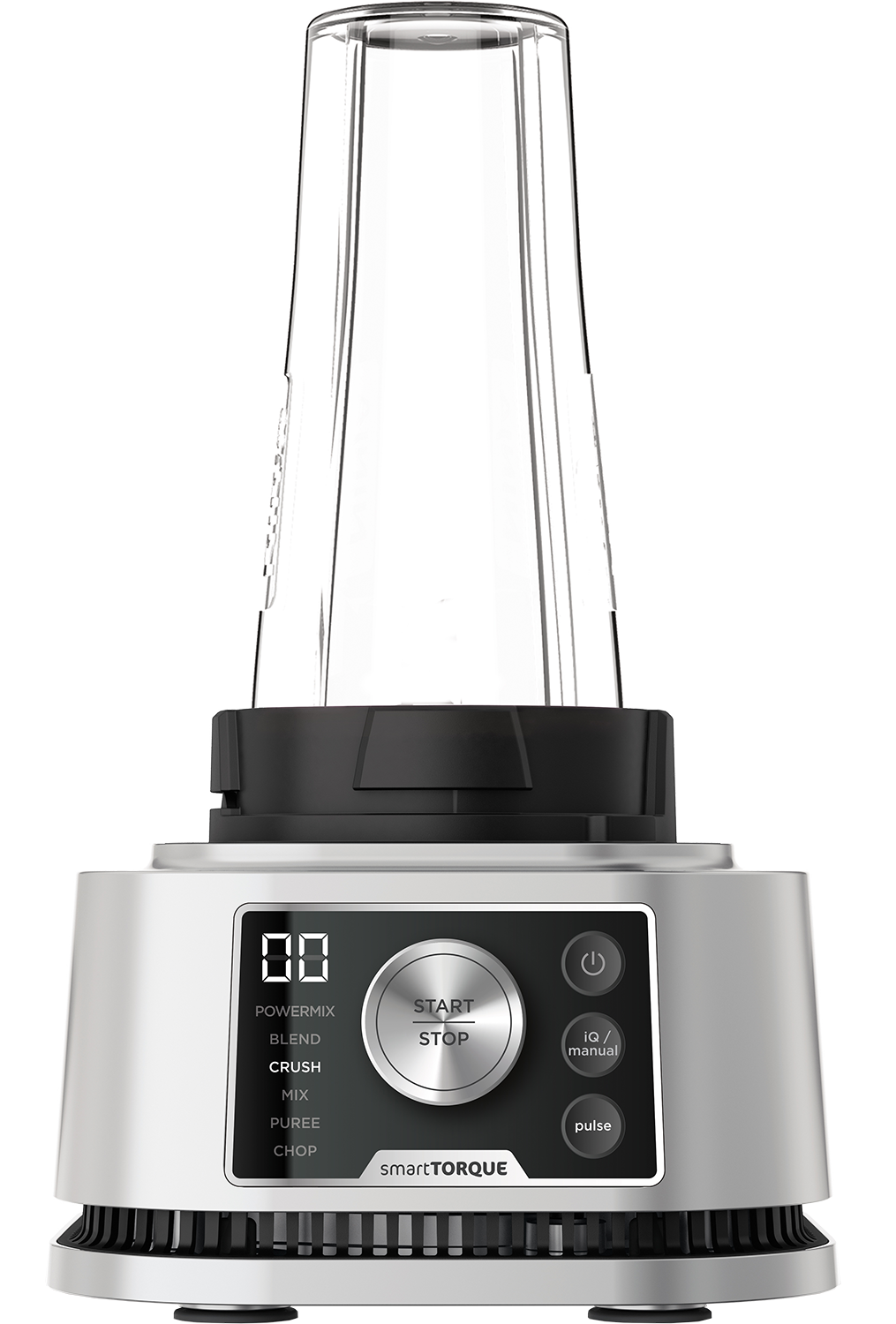 Een zilver-zwarte blender met een transparante container en bedieningspaneel.