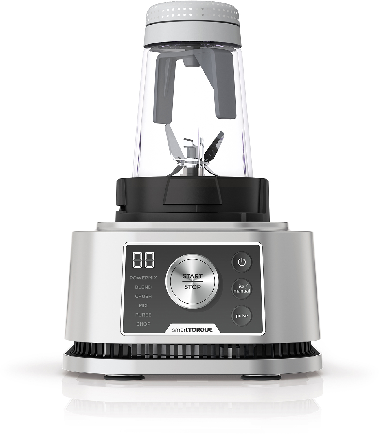Zilveren blender met een transparante container, zwarte basis. Heeft de 