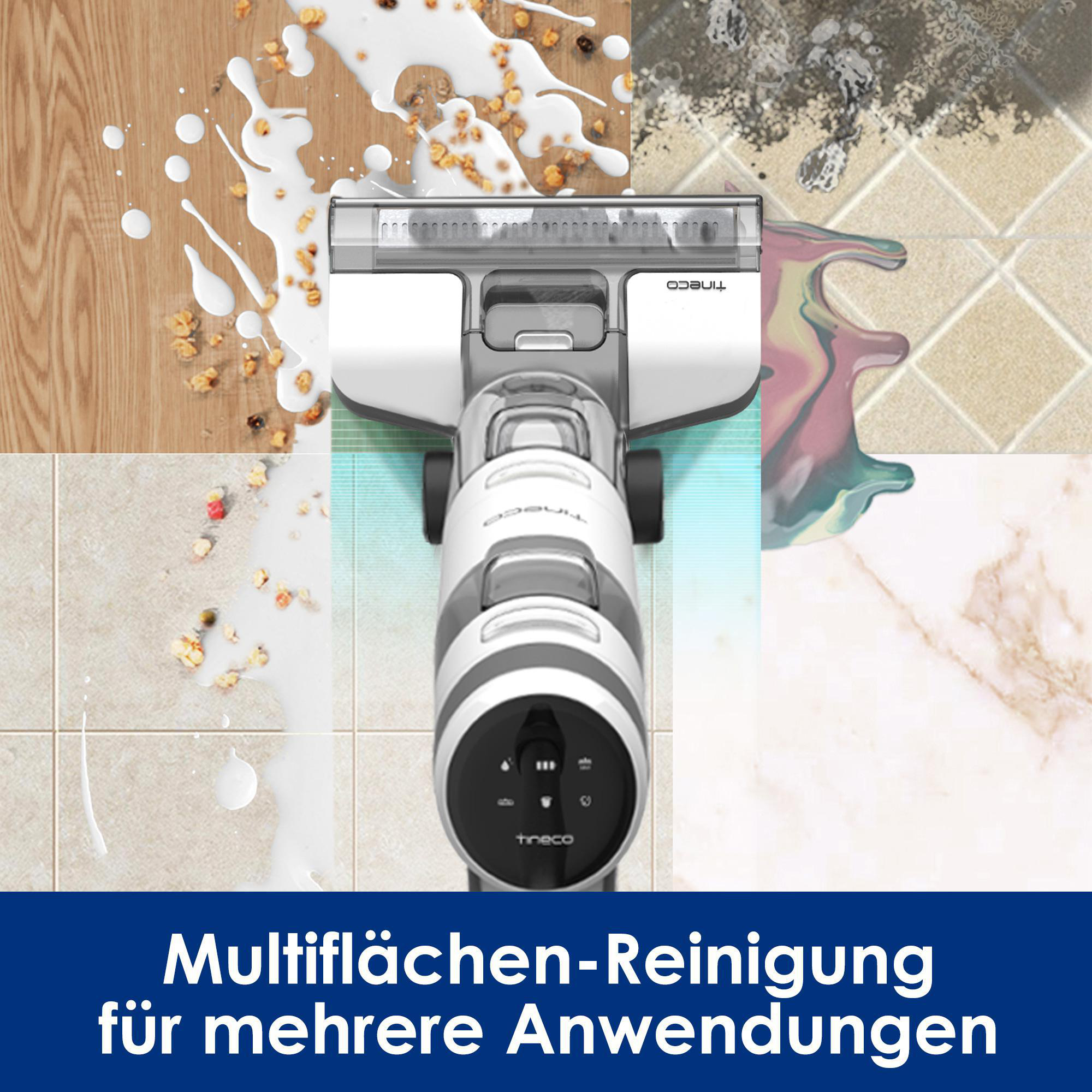 Ein Tineco-Reinigungsgerät auf verschiedenen Bodenarten mit Milch- und Lebensmittelflecken. Das Bild zeigt die Reinigungsfähigkeiten.