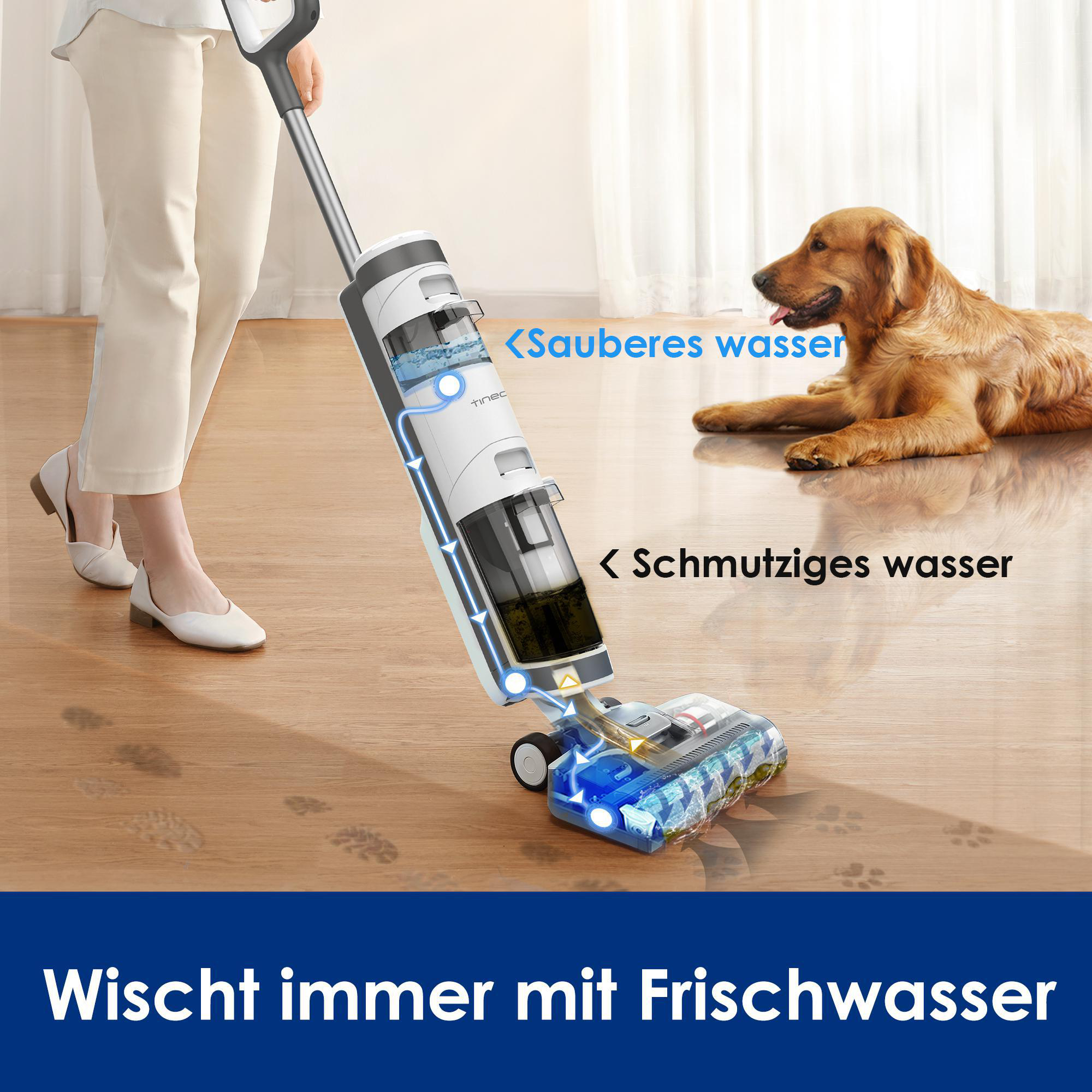 Eine Frau benutzt einen Bodenreiniger. Ein Golden Retriever liegt auf dem Boden. Der Reiniger verwendet sauberes und schmutziges Wasser.