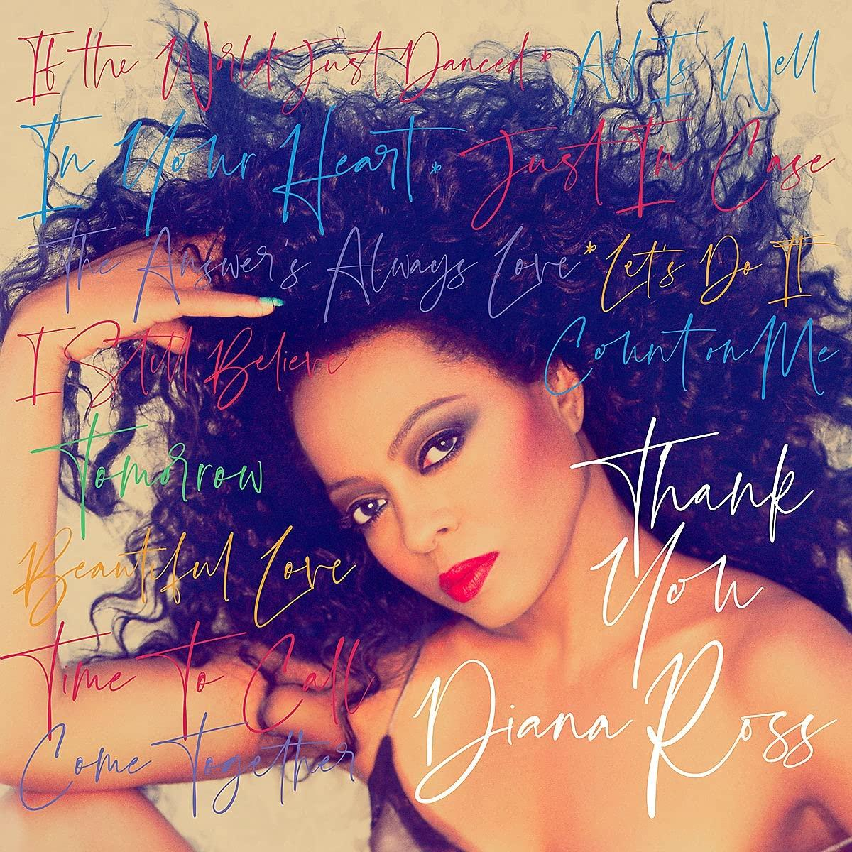 Diana Ross album borítója az arcával és a háttérben különböző dalfeliratokkal.