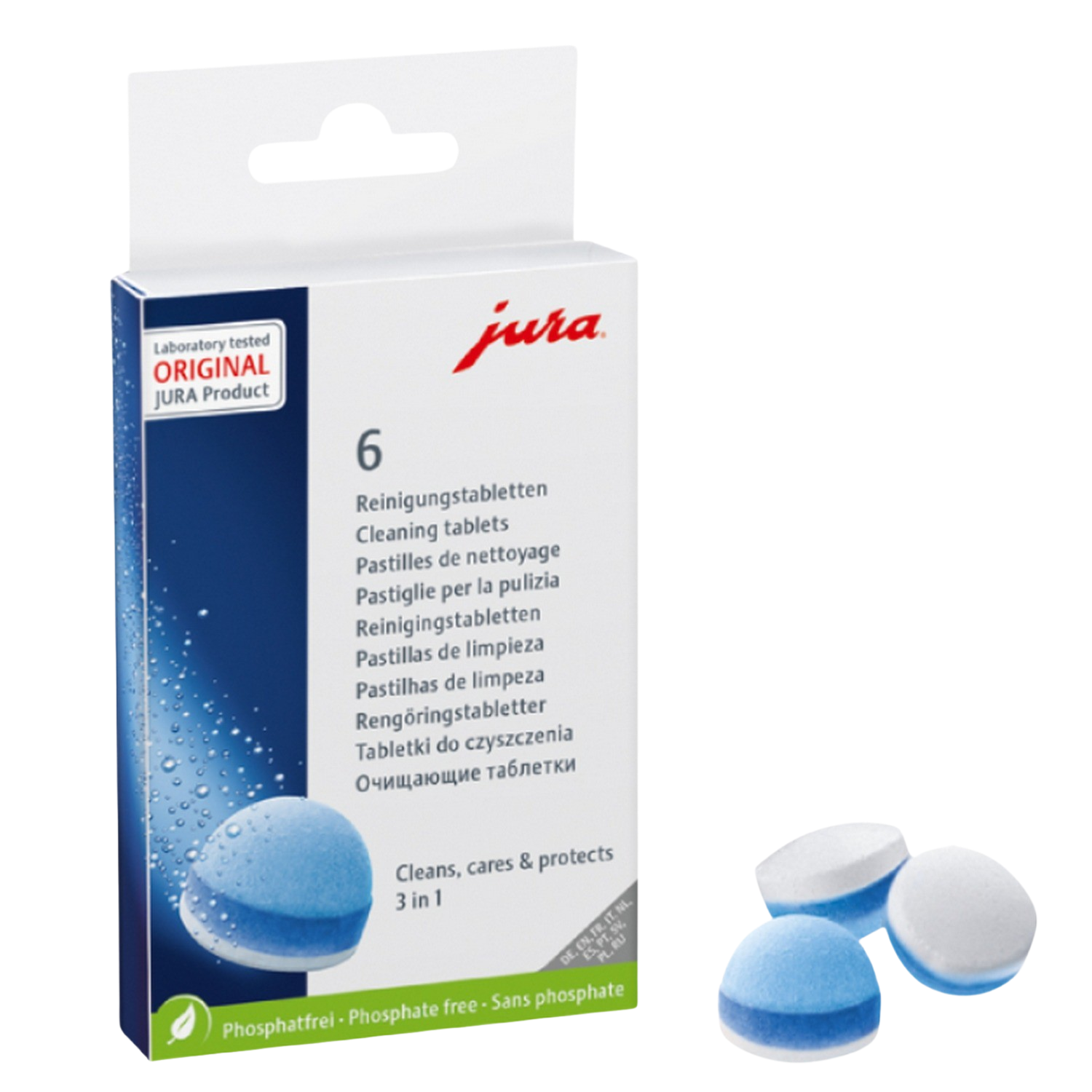 Pastillas De Limpieza jura 24225 3 en 1 pack 6 compatibles con cafeteras blancoazul tres