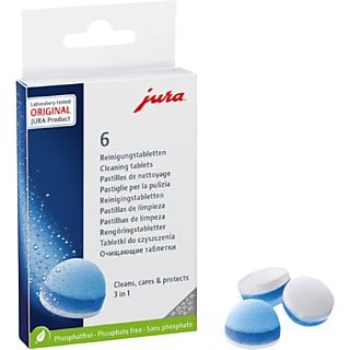 Pastillas de limpieza - Jura 24225, 3 En 1, Pack de 6 pastillas, Compatibles con cafeteras Jura, Blanco/Azul