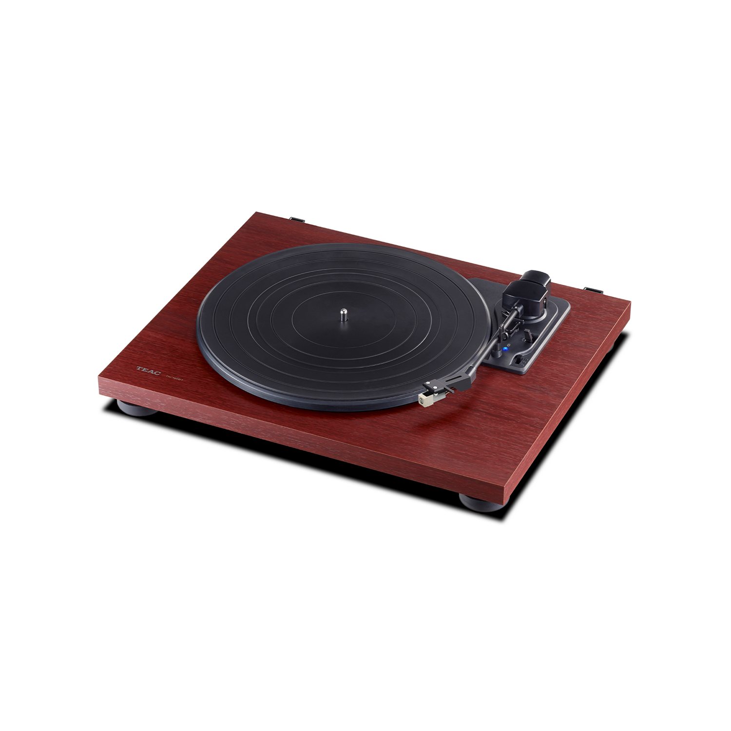 Tocadiscos con disco negro sobre base de madera marrón rojizo. TEAC está impreso.