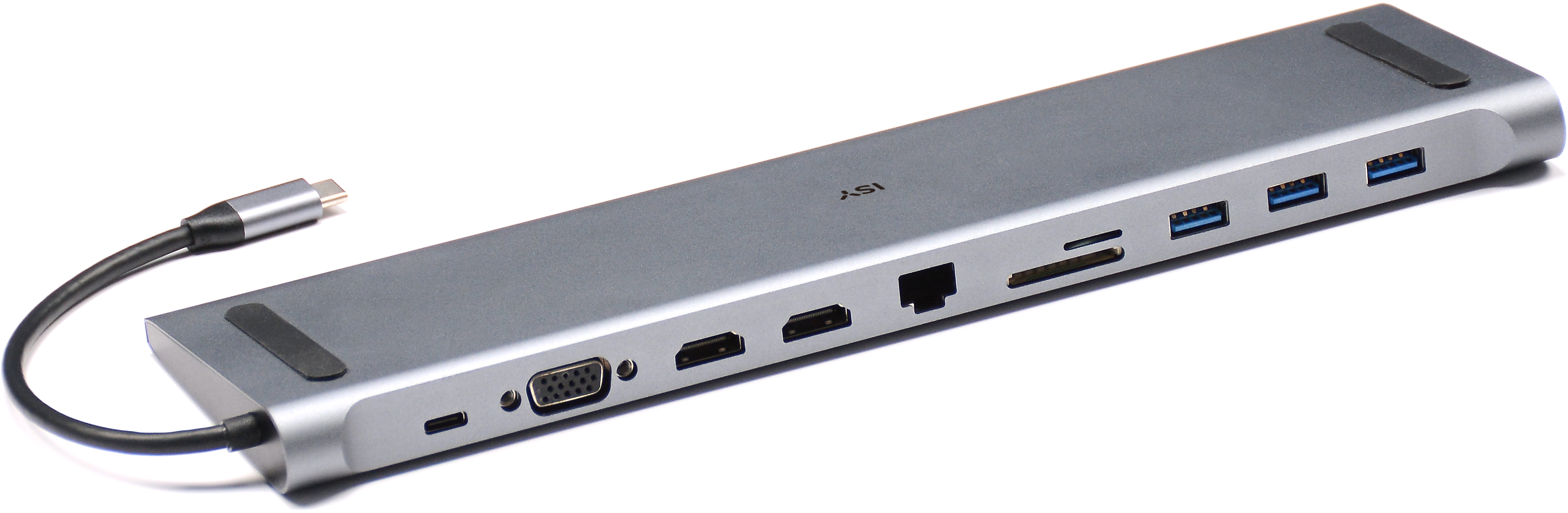 Ein silberner Hub mit mehreren Anschlüssen, darunter USB-, HDMI- und SD-Kartensteckplätze, auf weißer Oberfläche.