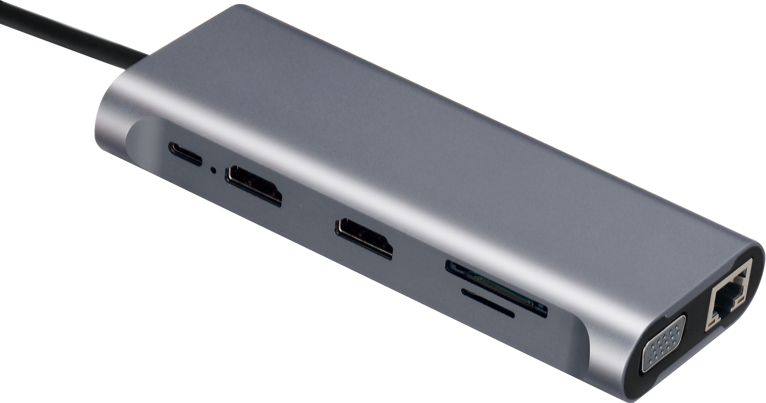 Silbergrauer Multiport-Adapter für Laptops mit verschiedenen Anschlüssen und Kabel.