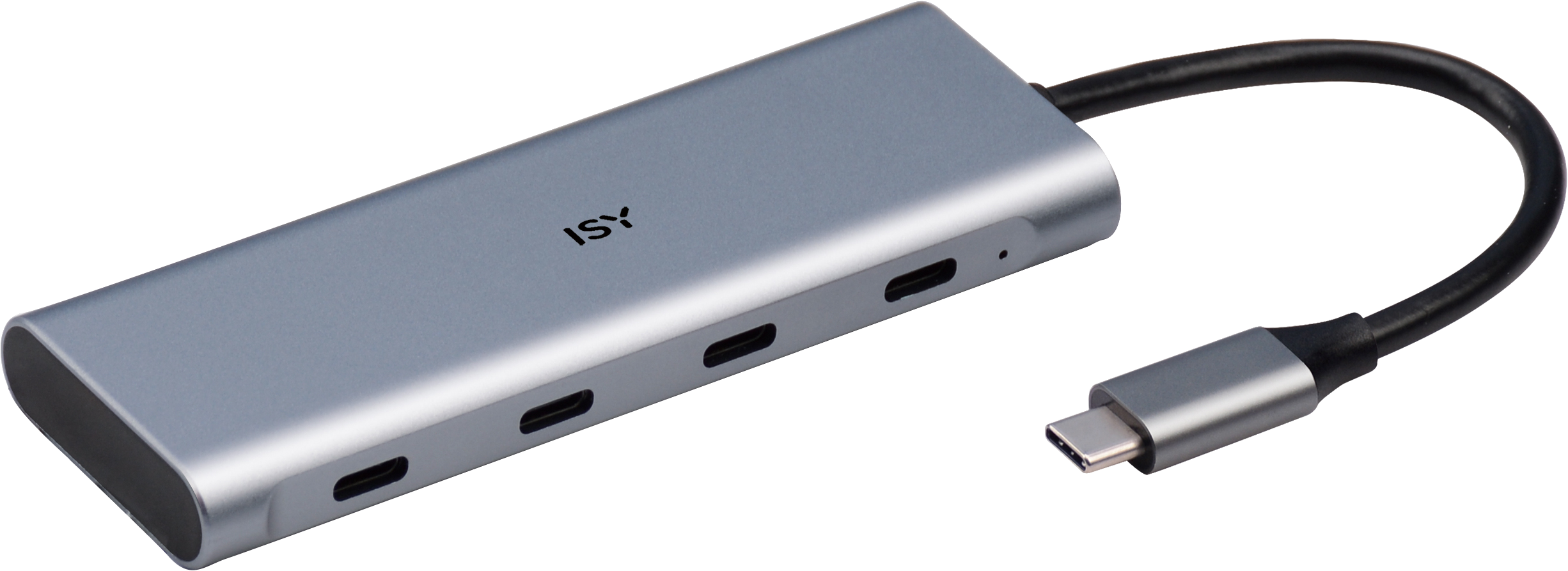 Silberner ISY USB-C-Hub mit mehreren Anschlüssen und einem schwarzen Kabel. Winkelansicht.
