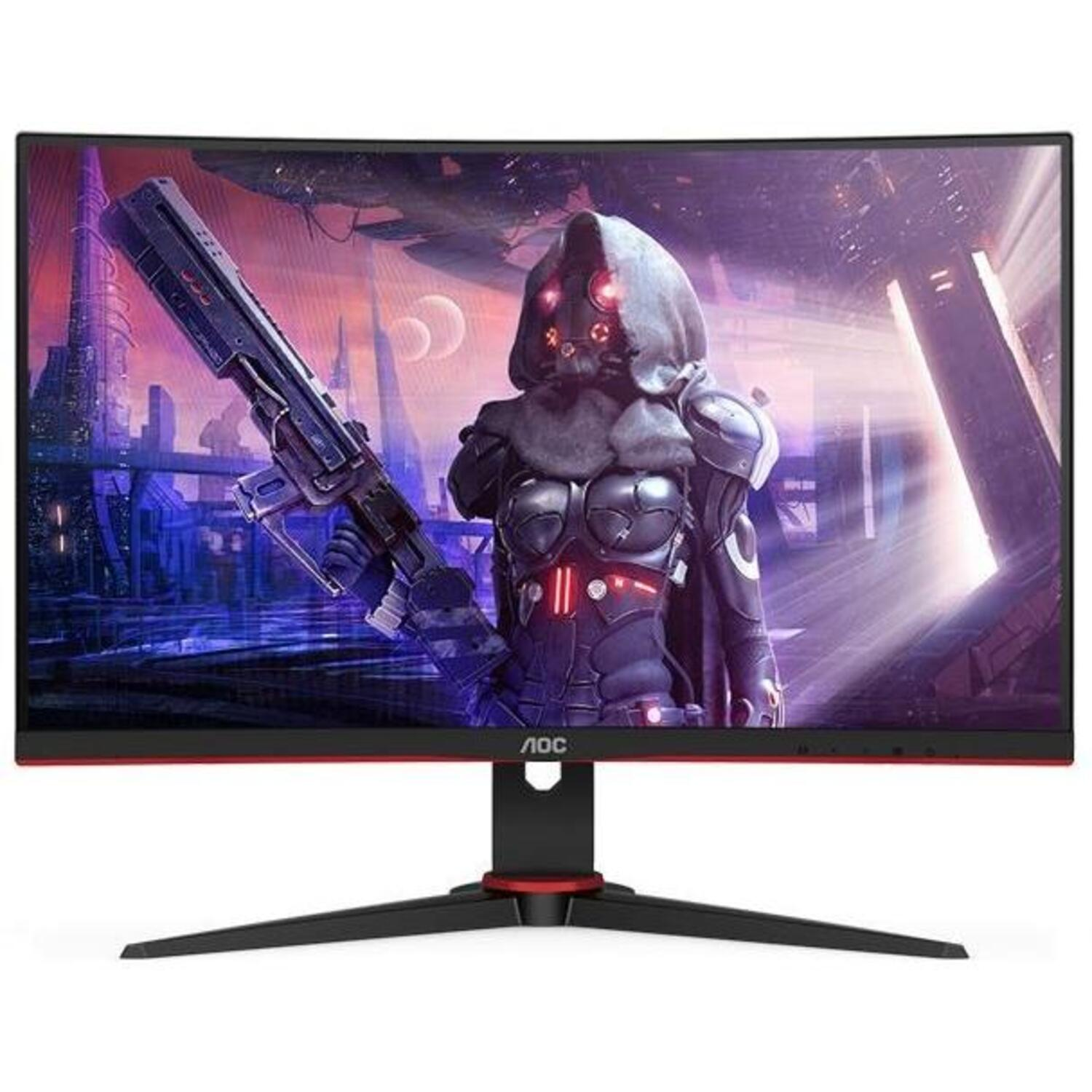 Monitor curvo para juegos AOC que muestra un personaje futurista sosteniendo un arma.