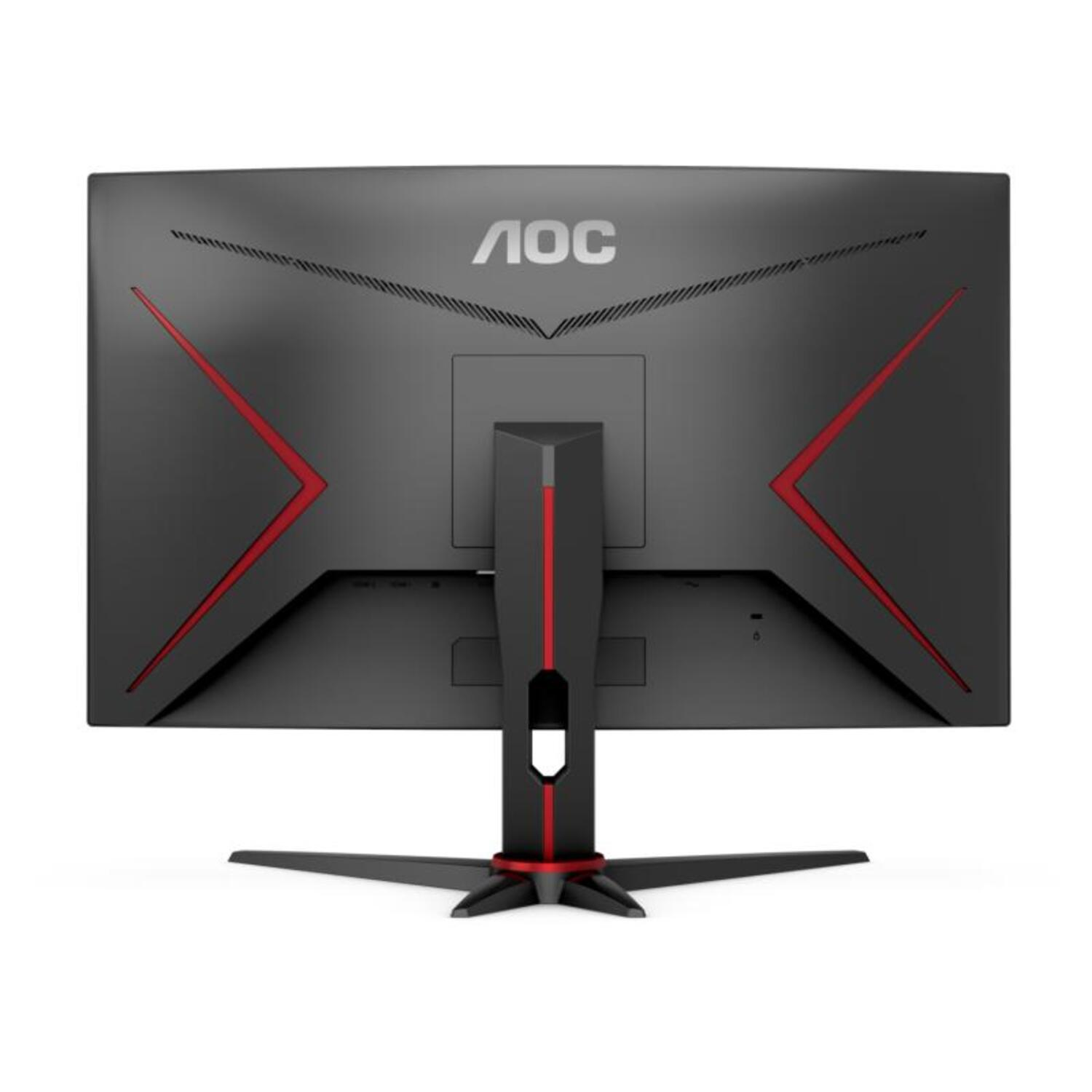 Parte trasera de un monitor de computadora negro con detalles en rojo. La pantalla está en blanco.