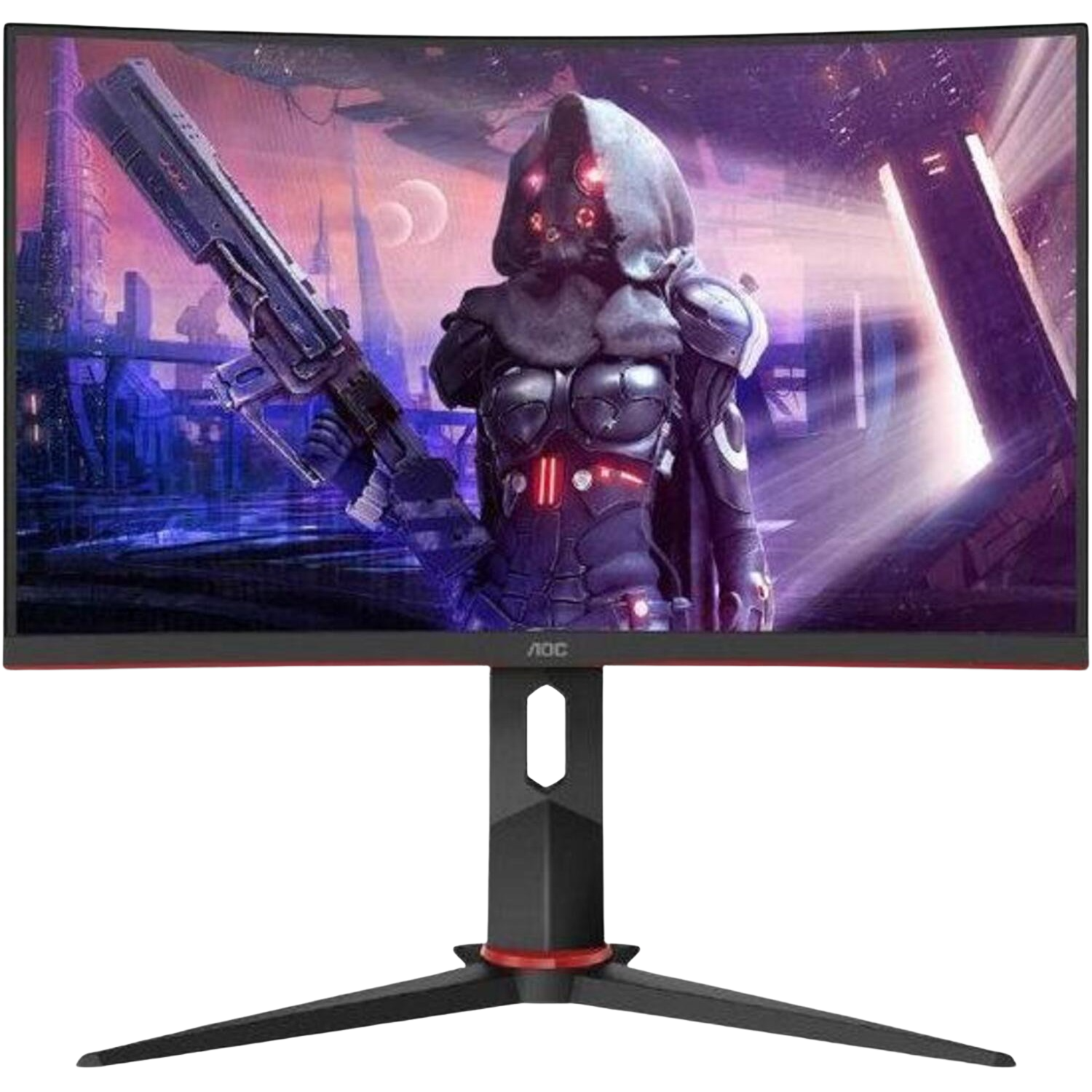 Un monitor negro con una imagen futurista en la pantalla.