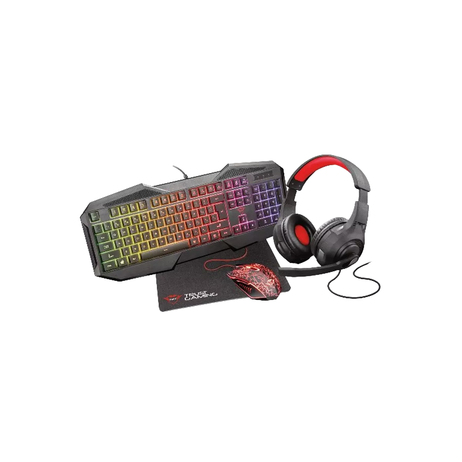 Kit Gaming Trust gxt 1180rw auricularestecladoratónalfombrilla bundle 4 en 1 paquete alfombrilla teclado y iluminación color negro pack por usb instalación multicolor 830rw 1180