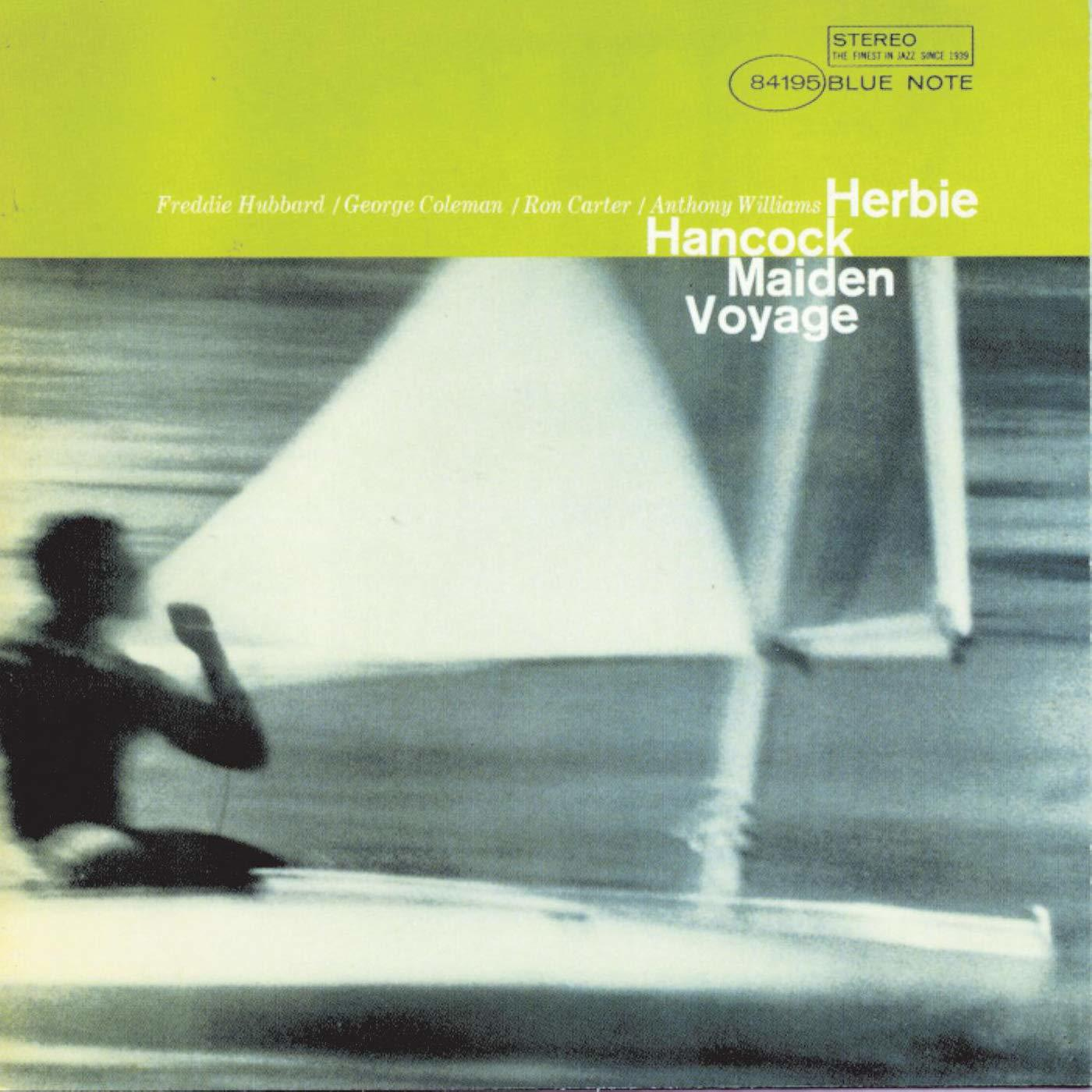 Album borító. Zöld felső rész, Herbie Hancock cím. Vitorlás hajó képe a vízen, egy személlyel.