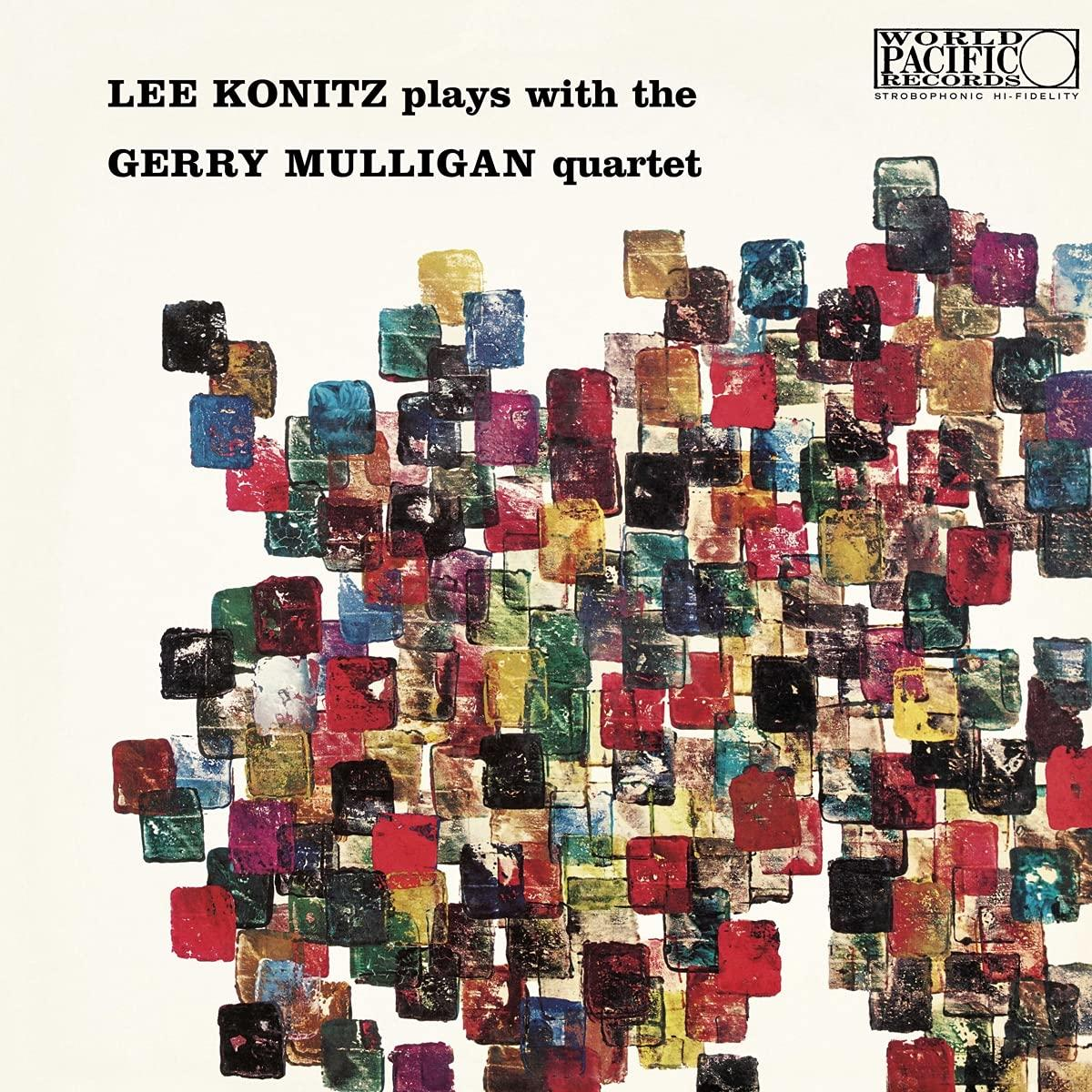 Albumhoes. Kleurrijke vierkanten vormen een ontwerp. Tekst: Lee Konitz speelt met Gerry Mulligan.