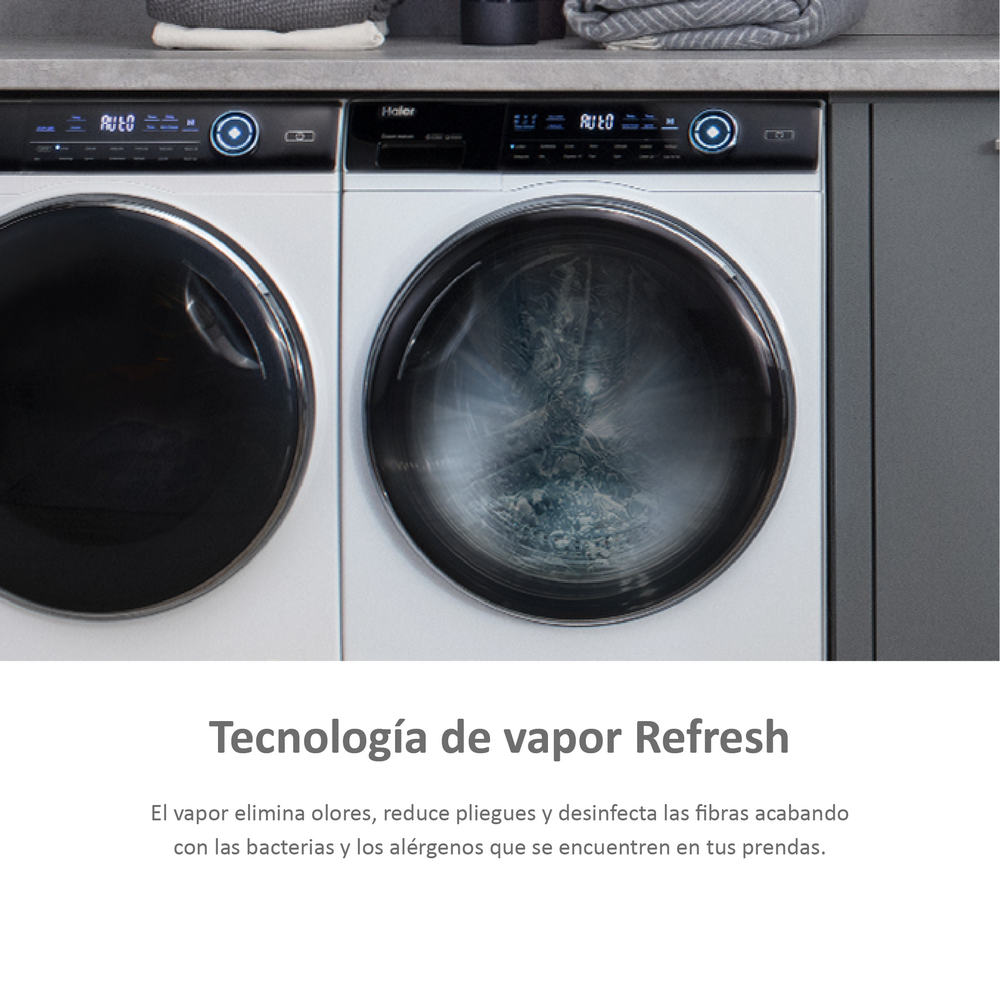 Un juego de lavadora y secadora en blanco y negro. Texto superpuesto sobre la tecnología de refresco de vapor.