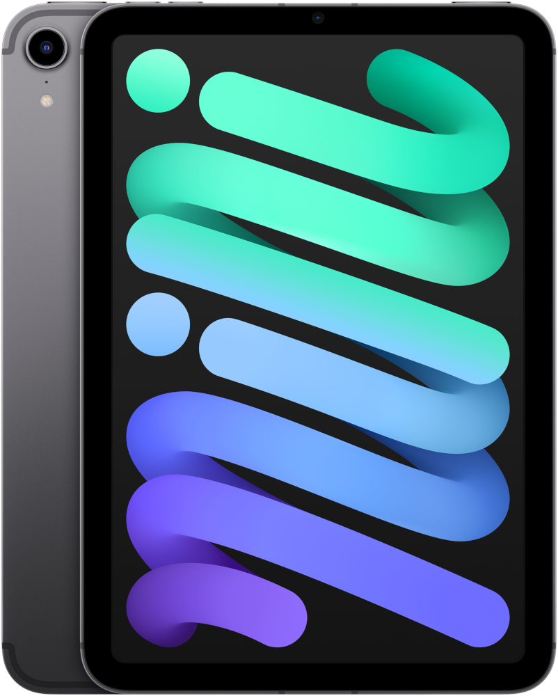 Un iPad Mini gris avec un écran coloré au design dégradé. L'objectif de la caméra est visible.