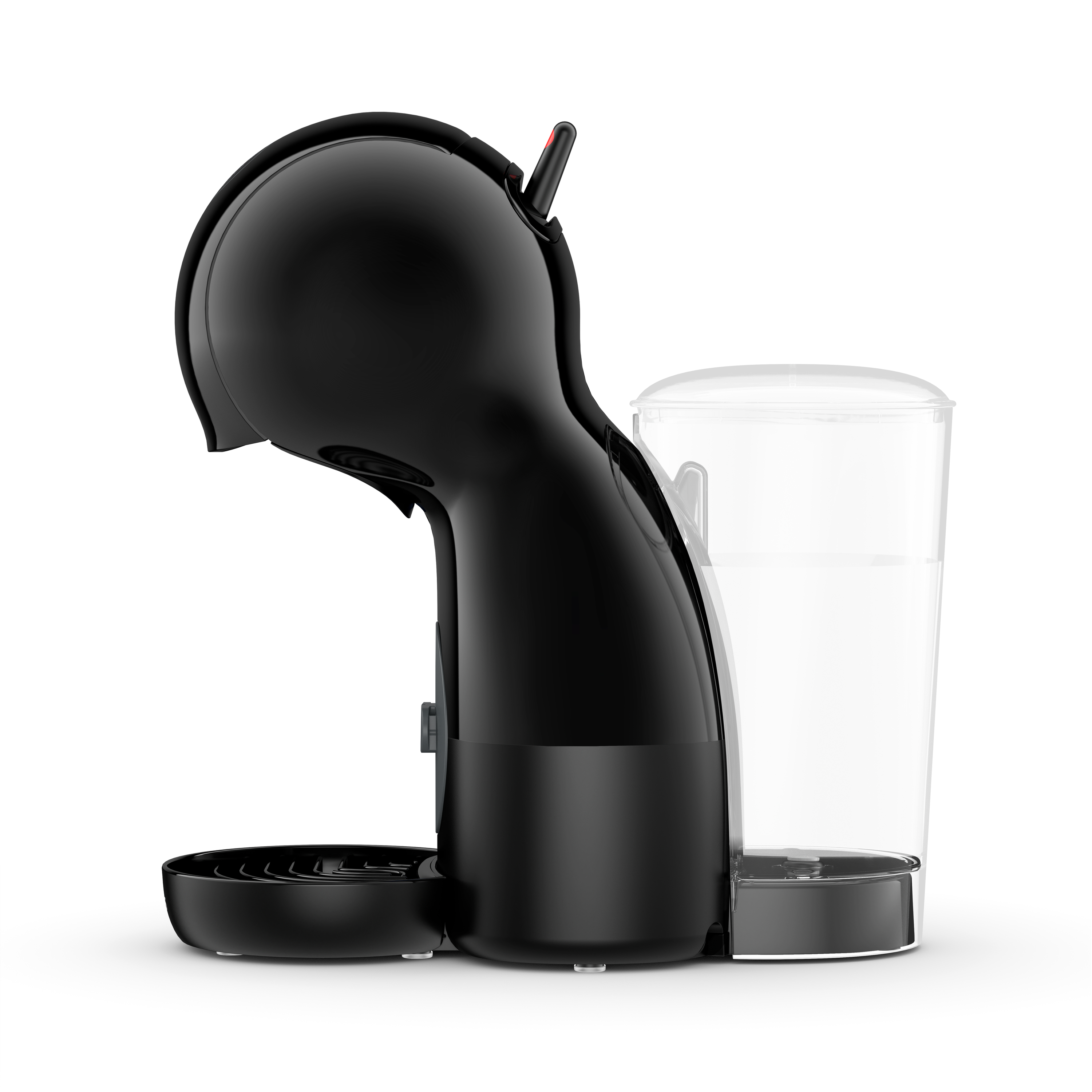 Schwarze Kaffeemaschine mit transparentem Wasserbehälter. Schwarzer Sockel und Details.