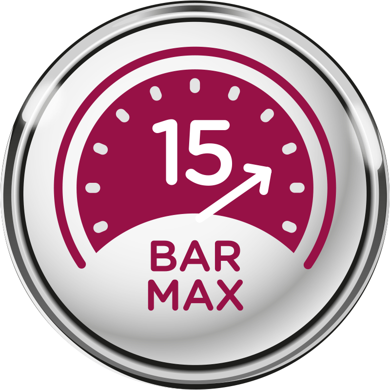 Ein weißes und silbernes Messgerät zeigt 15 BAR MAX an.