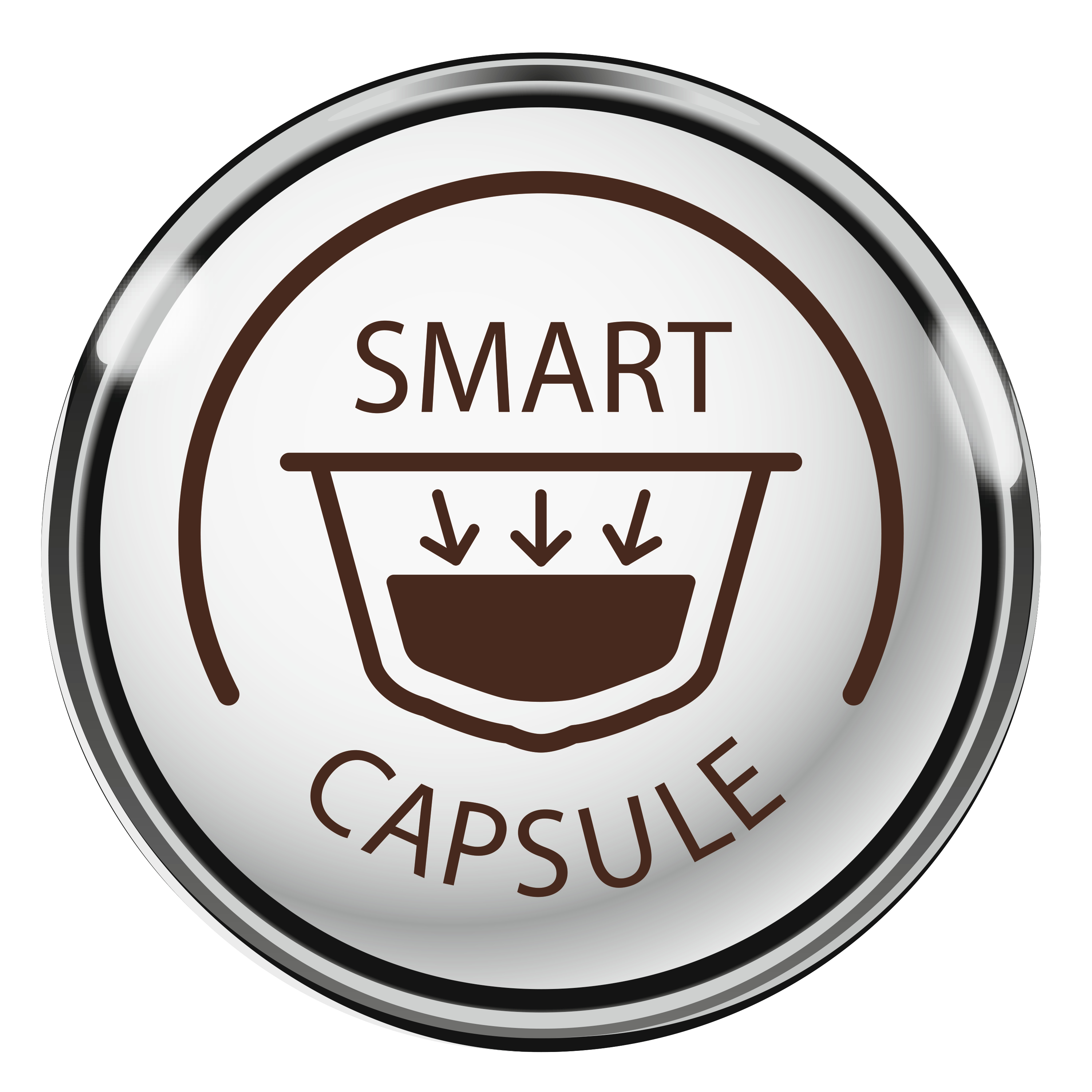 Smart-Kapsel-Logo: weißes rundes Emblem mit braunem Text und nach unten zeigenden Pfeilen.