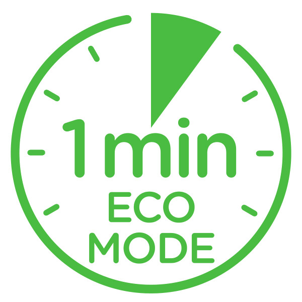 Ein grüner Kreis mit einem Zifferblatt und dem Text '1 min ECO MODE'.