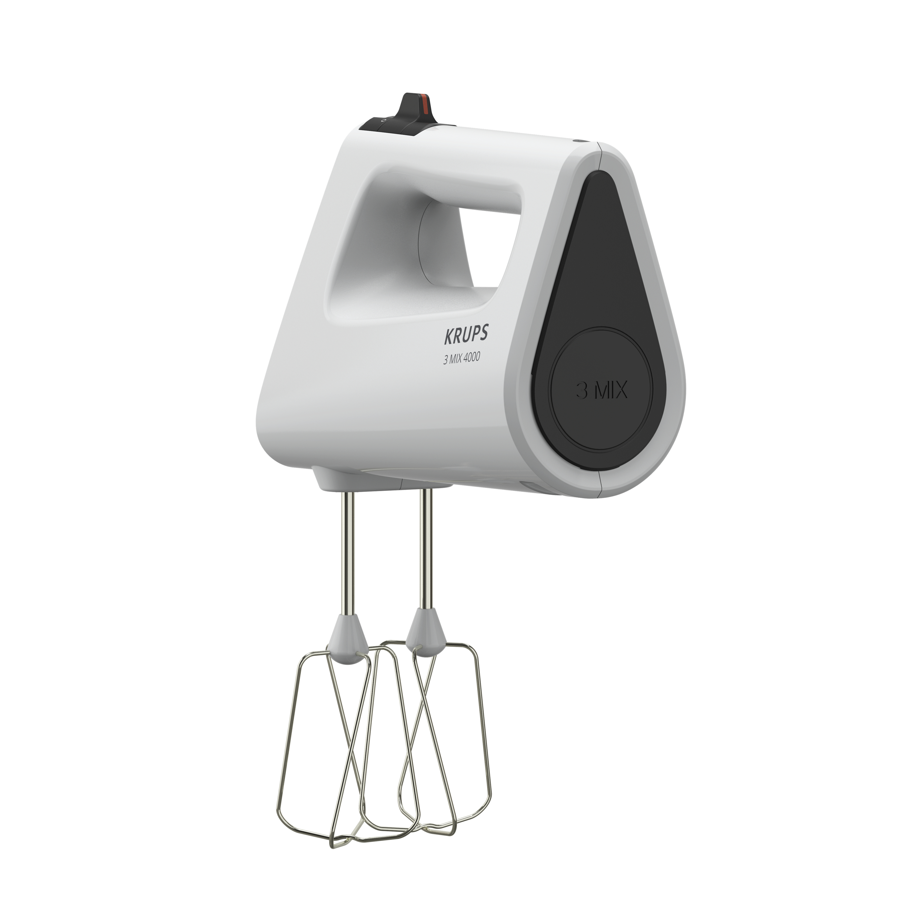 Ein weißer Handmixer mit zwei silbernen Quirlen.