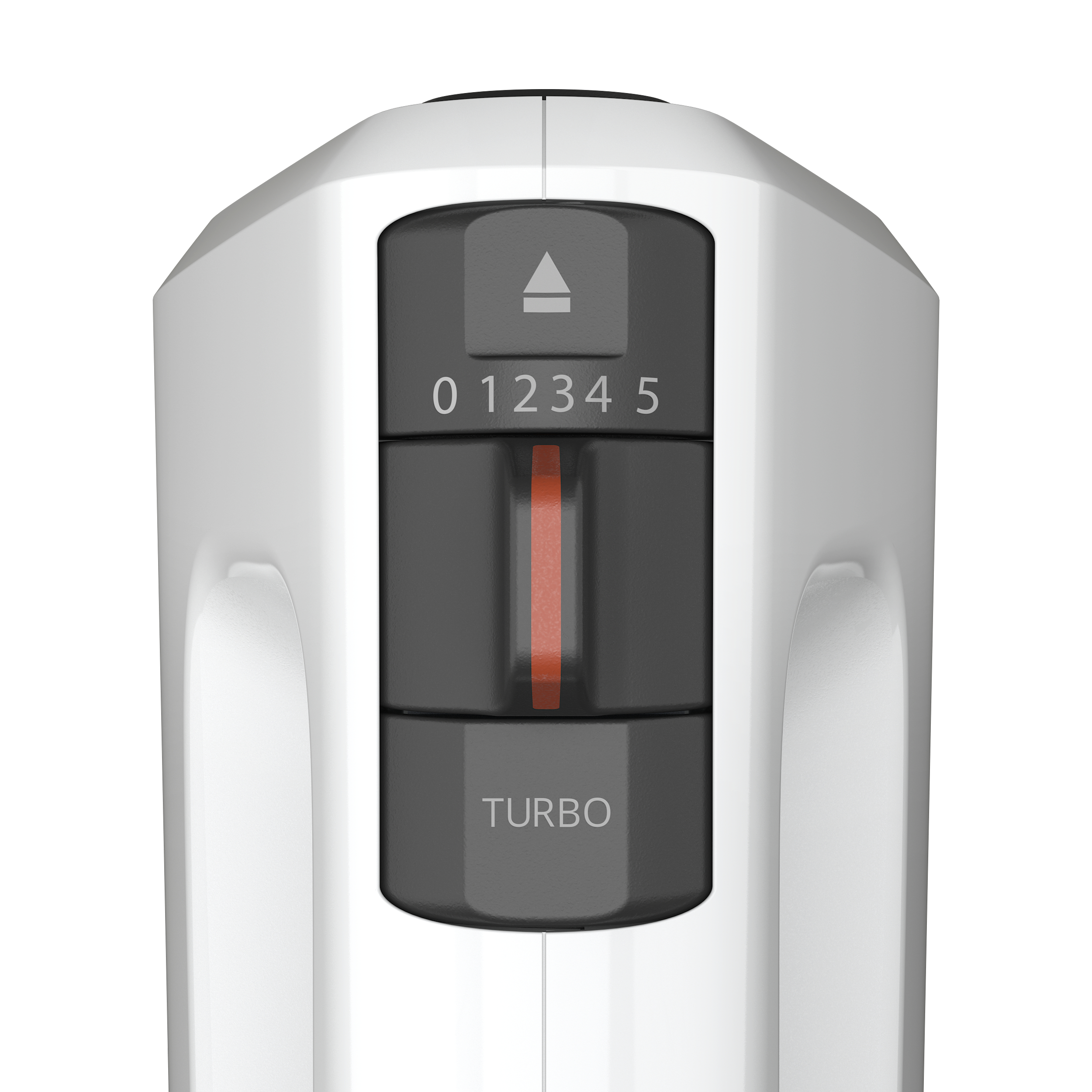 Ein weißer Stabmixer mit Bedienfeld, das Geschwindigkeitseinstellungen von 0 bis 5 und Turbo anzeigt.