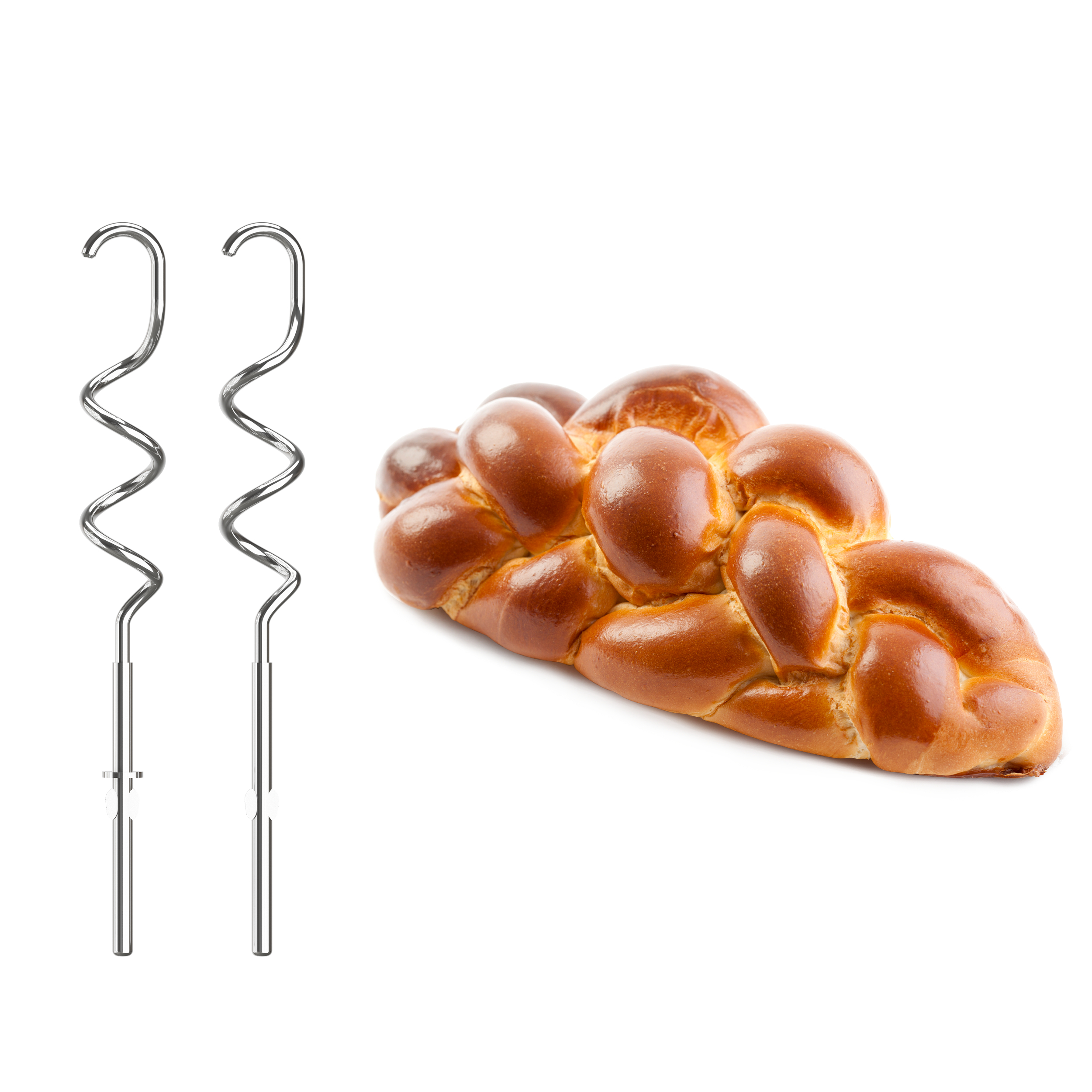Zwei Mixeraufsätze und ein Brotlaib; Aufsätze silber, Brot braun.