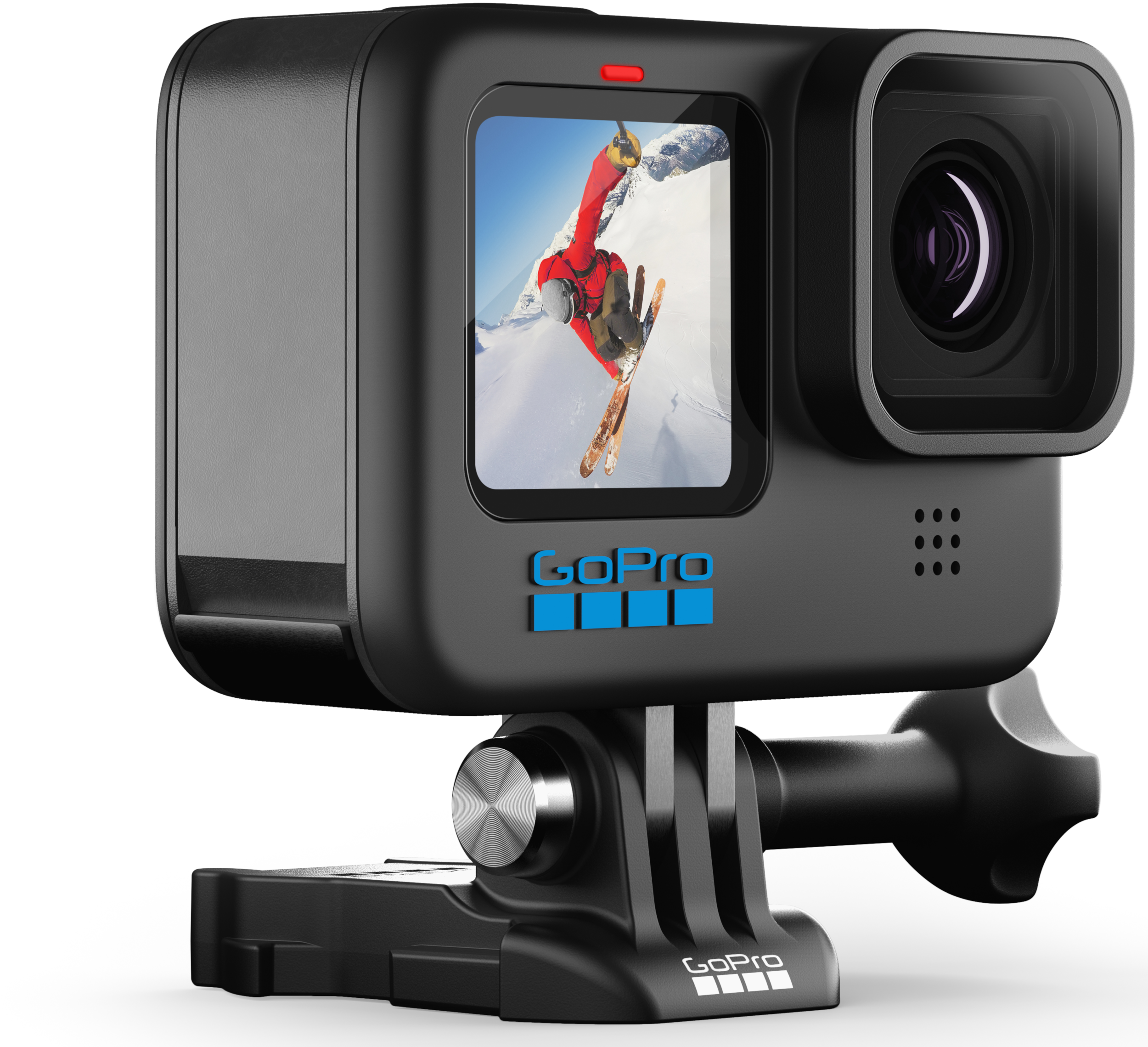 Eine schwarze GoPro-Kamera mit einem Bildschirm, der einen Skifahrer und das GoPro-Logo zeigt.